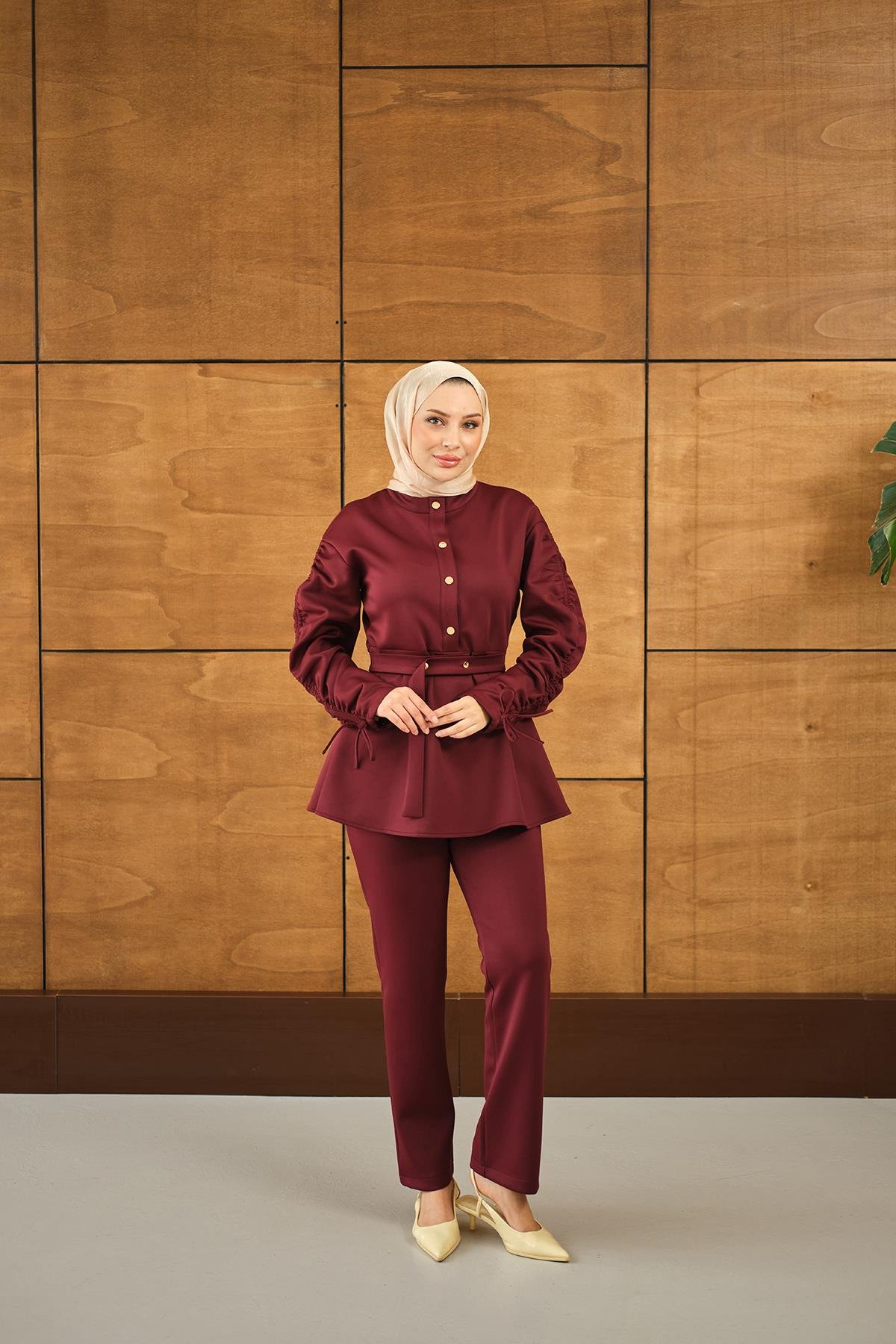 Düğme Detay İkili Takım Bordo