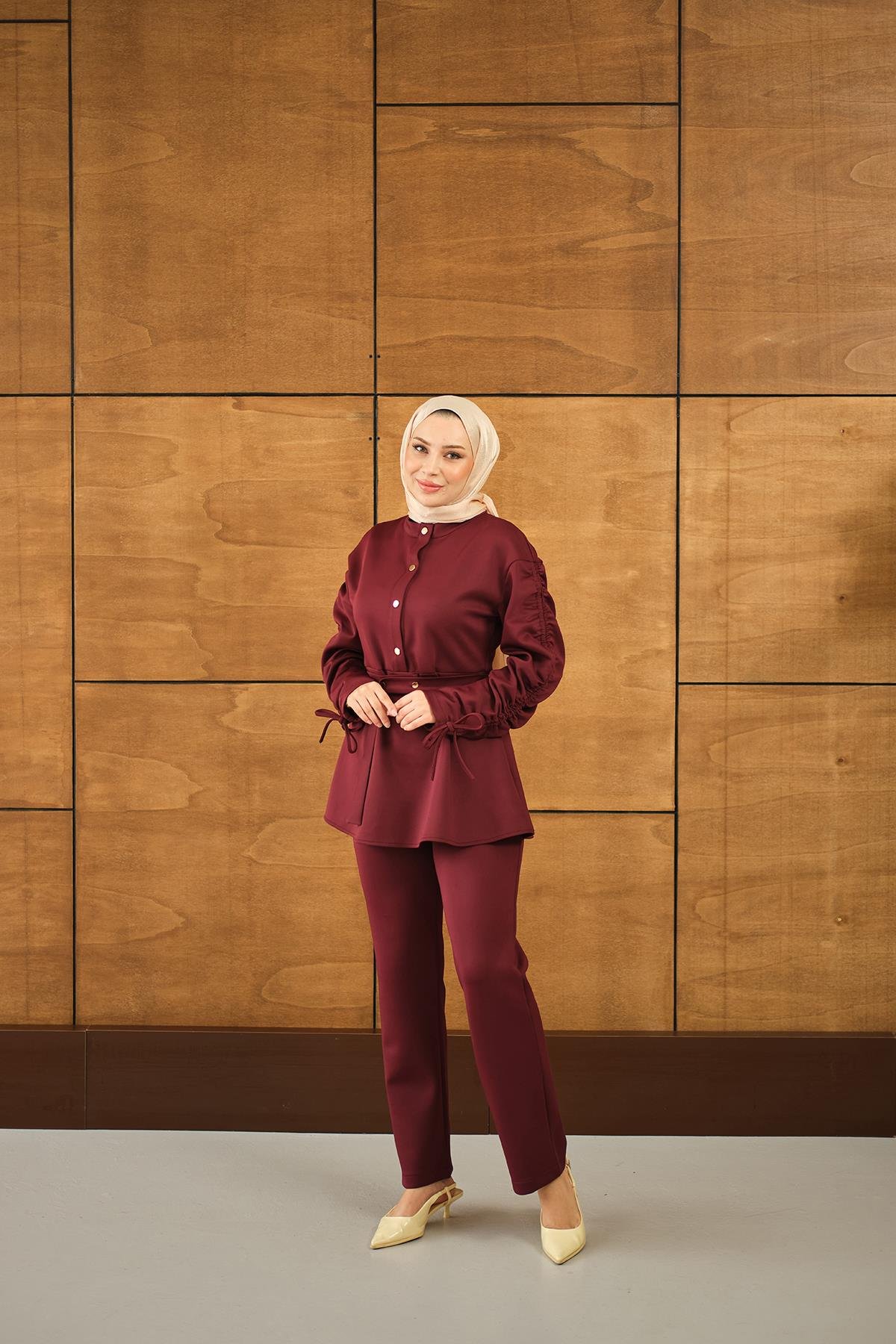 Düğme Detay İkili Takım Bordo