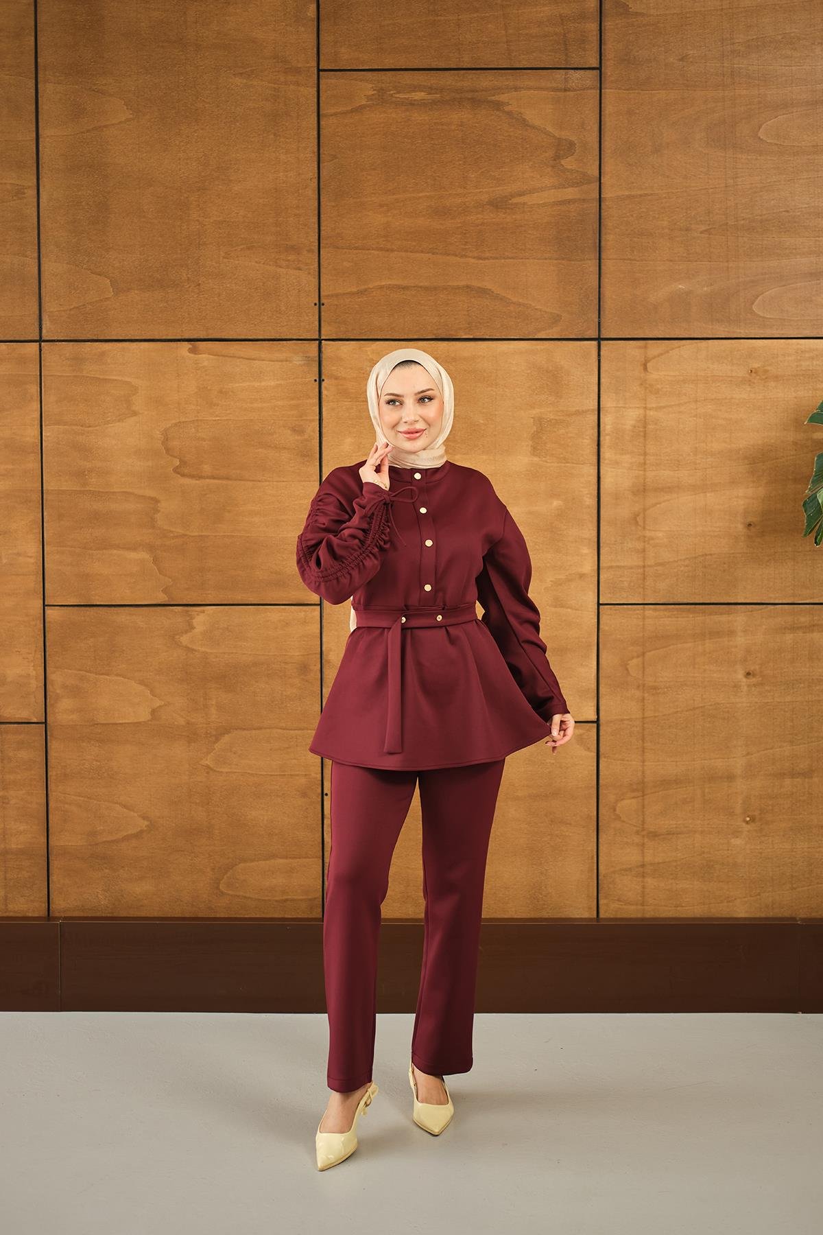 Düğme Detay İkili Takım Bordo