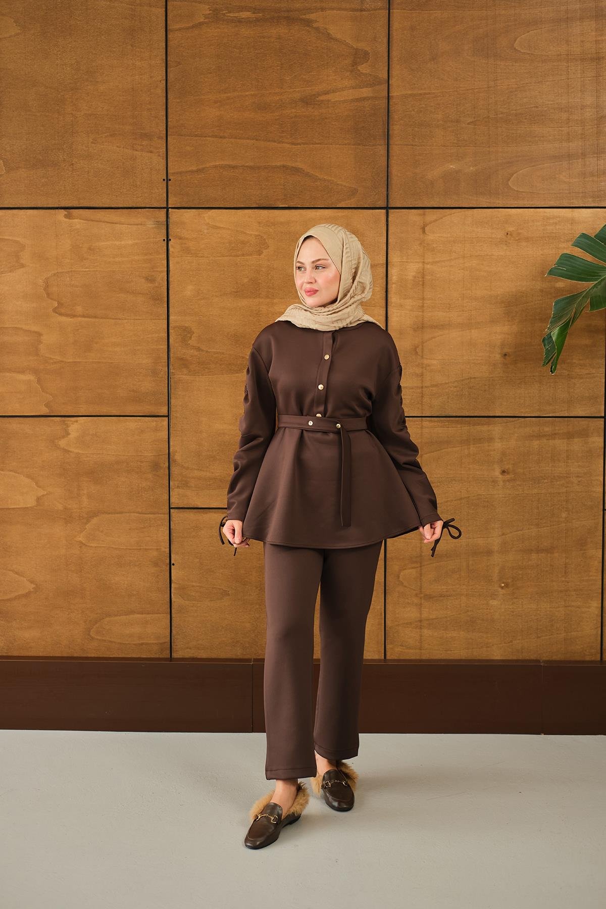 Düğme Detay İkili Takım Kahverengi