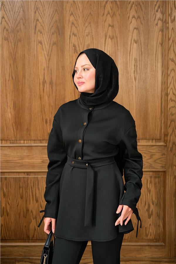 Düğme Detay İkili Takım Siyah