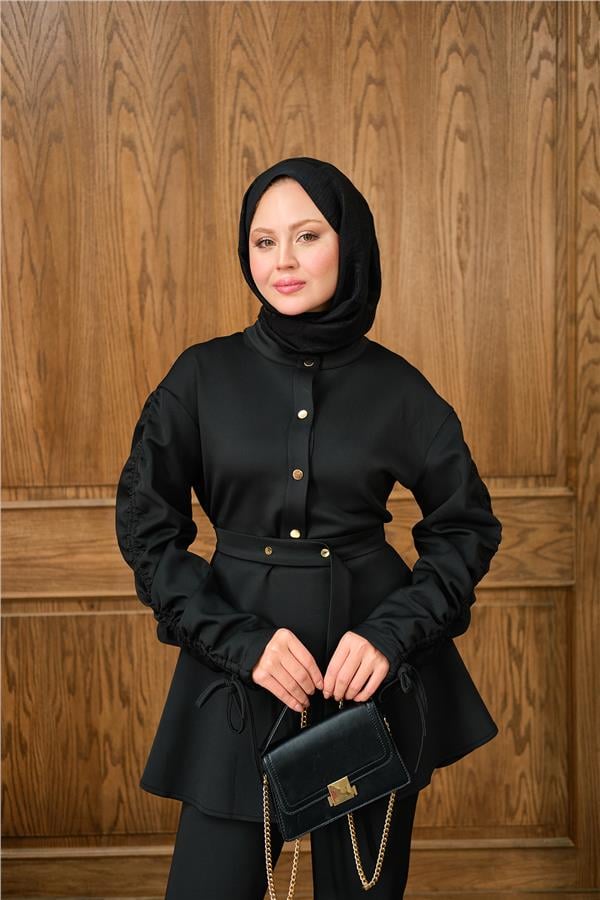 Düğme Detay İkili Takım Siyah