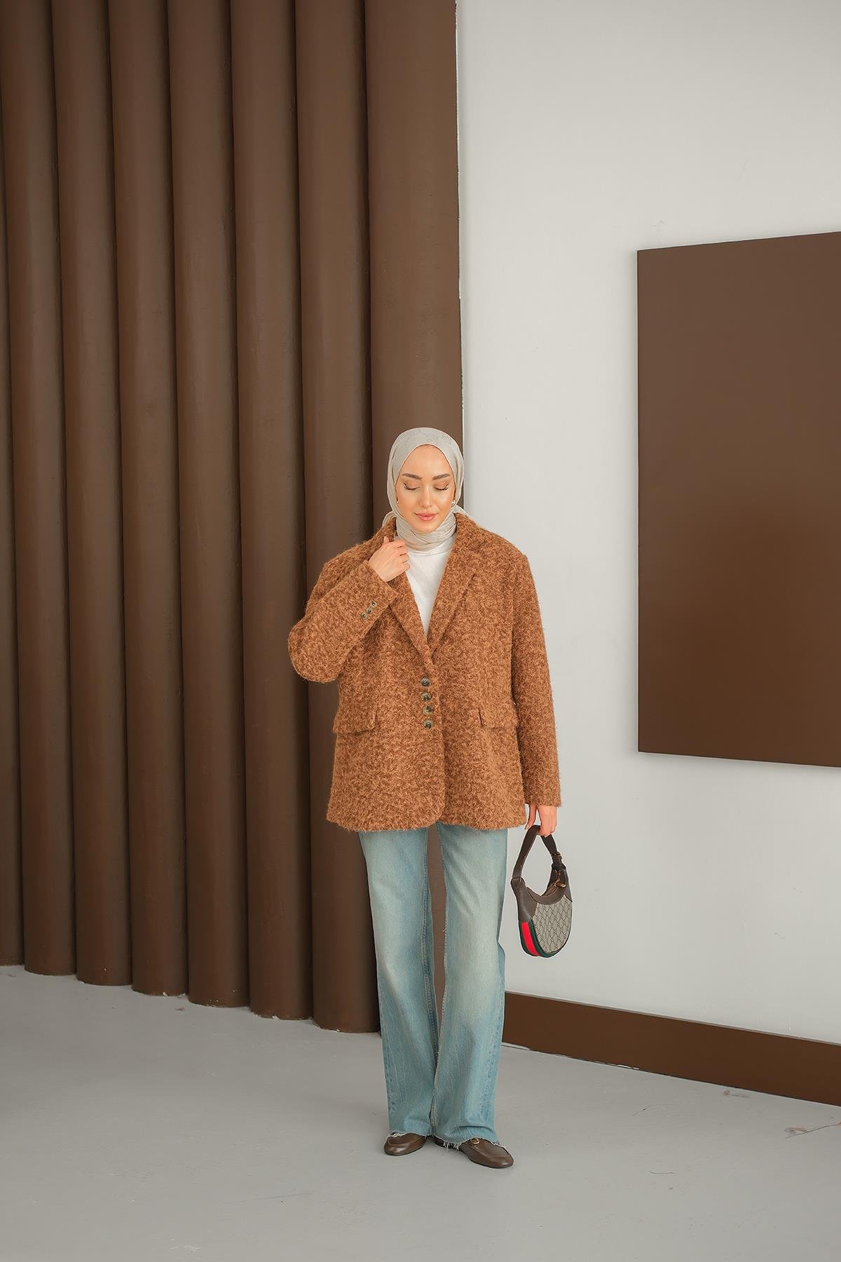 Düğme Detay Kırçıllı Ceket Kahverengi