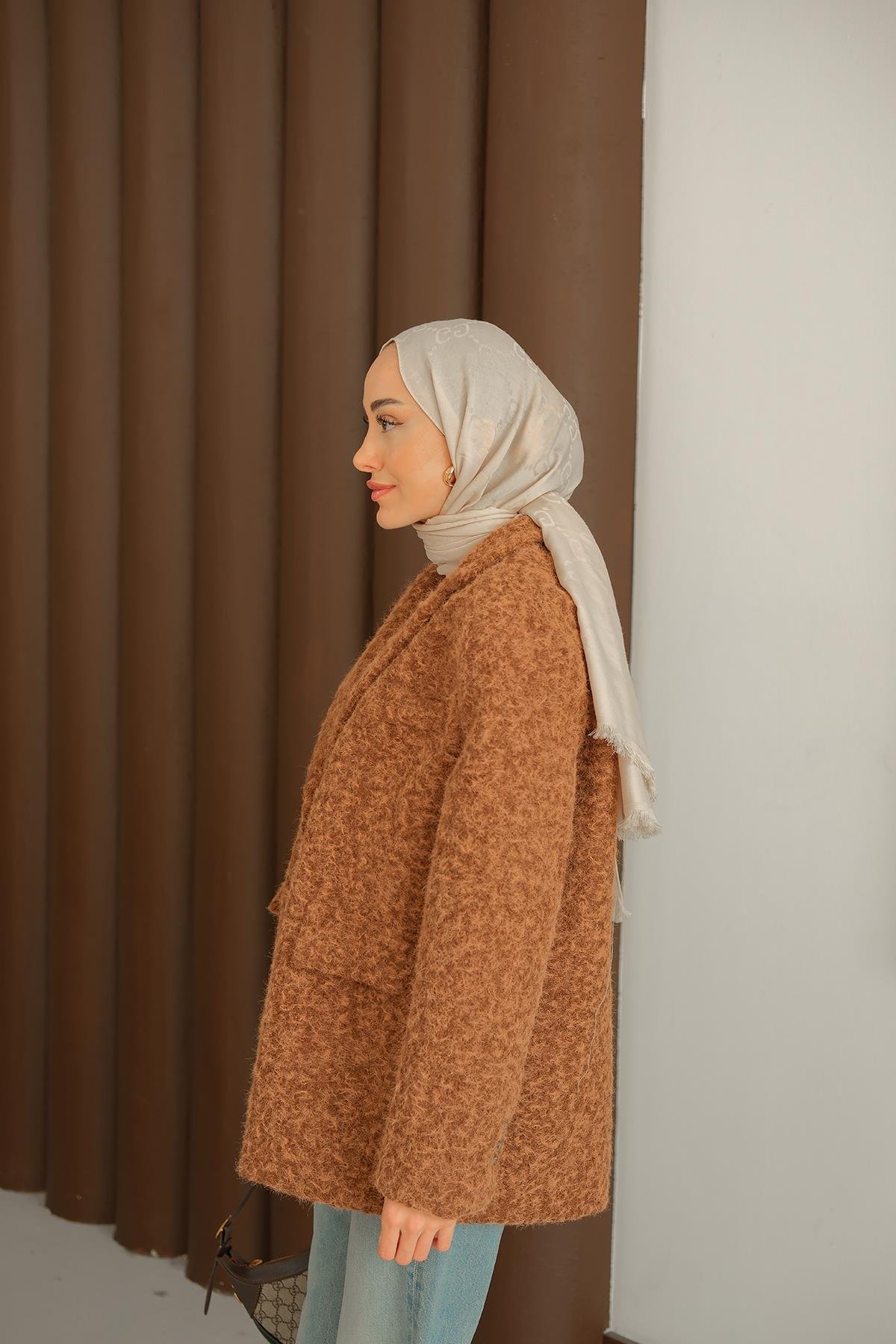 Düğme Detay Kırçıllı Ceket Kahverengi