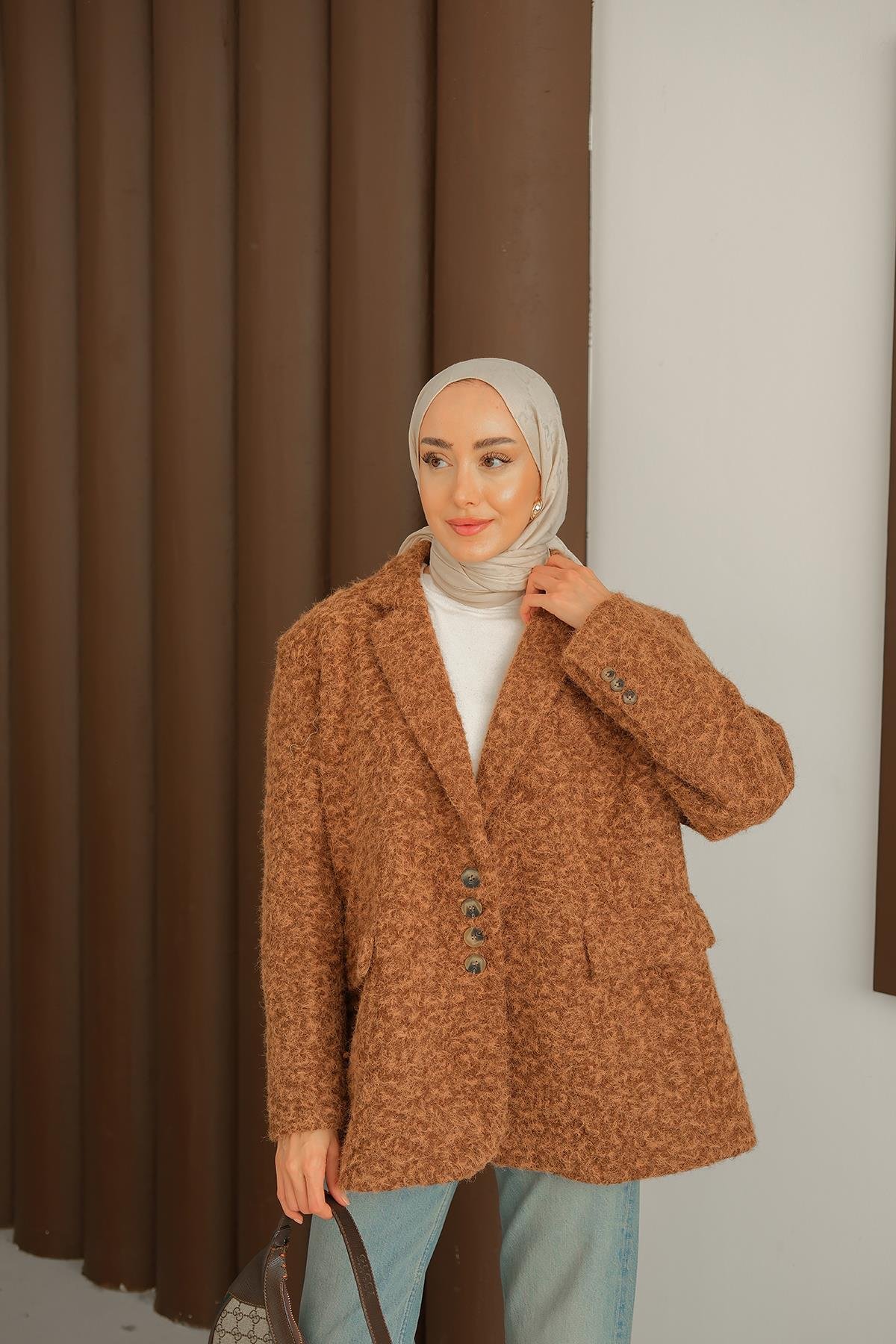 Düğme Detay Kırçıllı Ceket Kahverengi