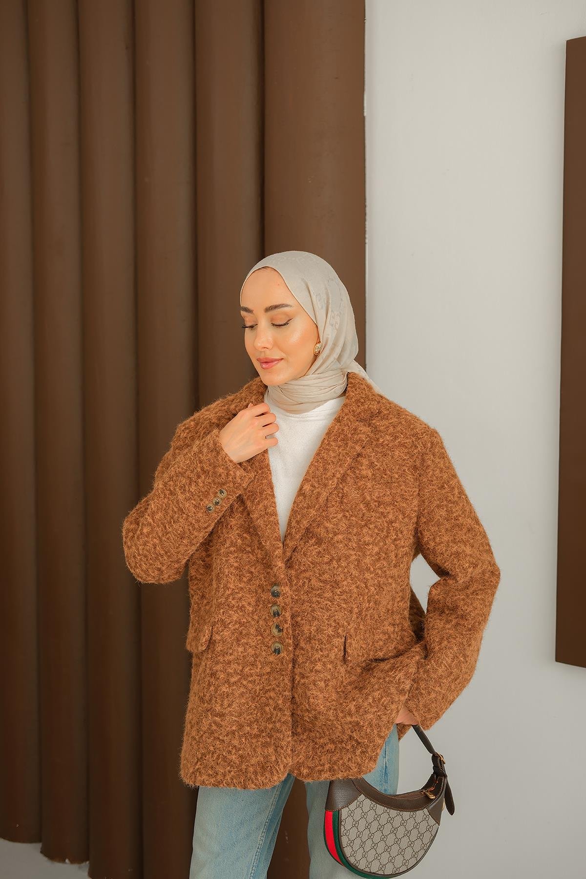 Düğme Detay Kırçıllı Ceket Kahverengi