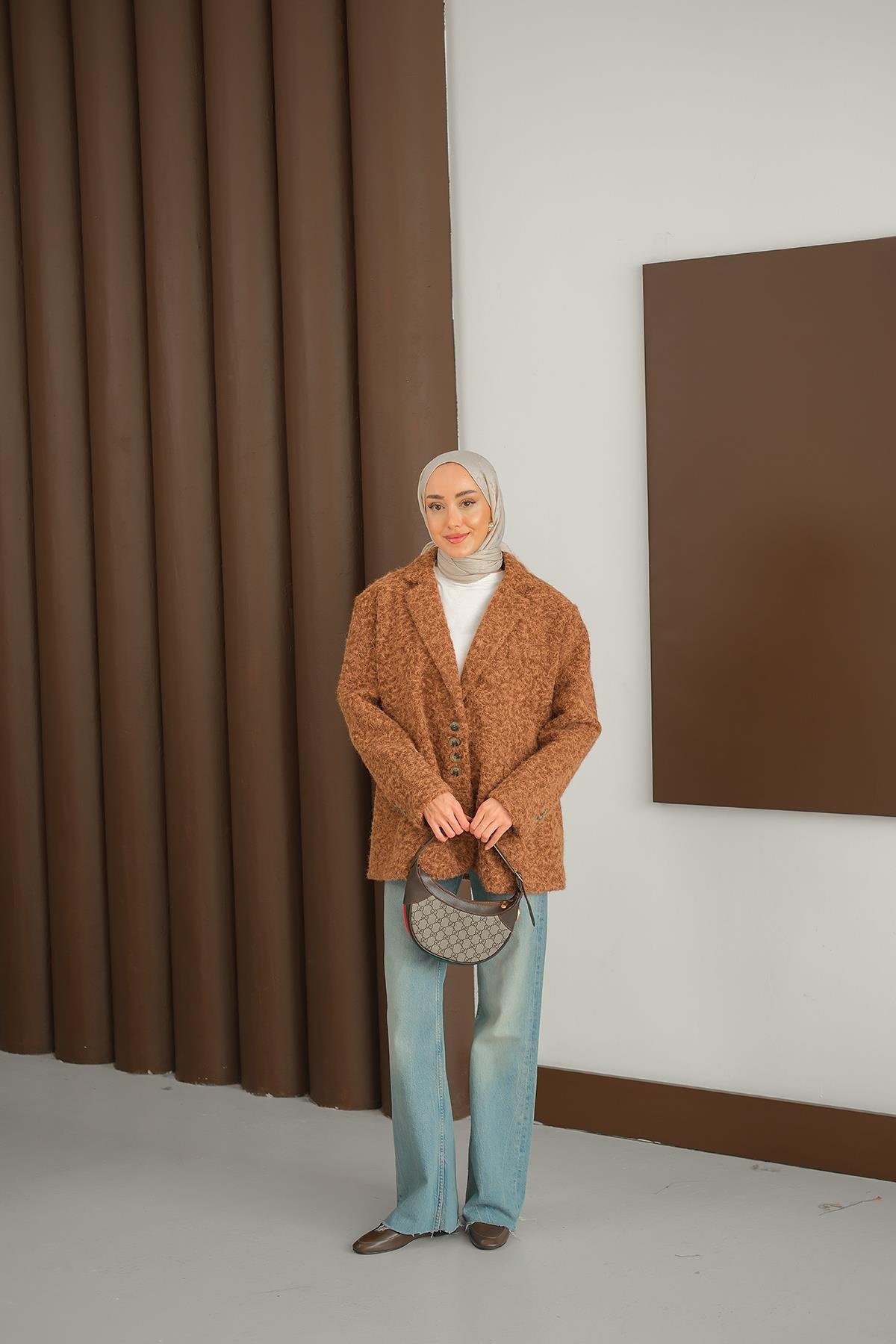 Düğme Detay Kırçıllı Ceket Kahverengi