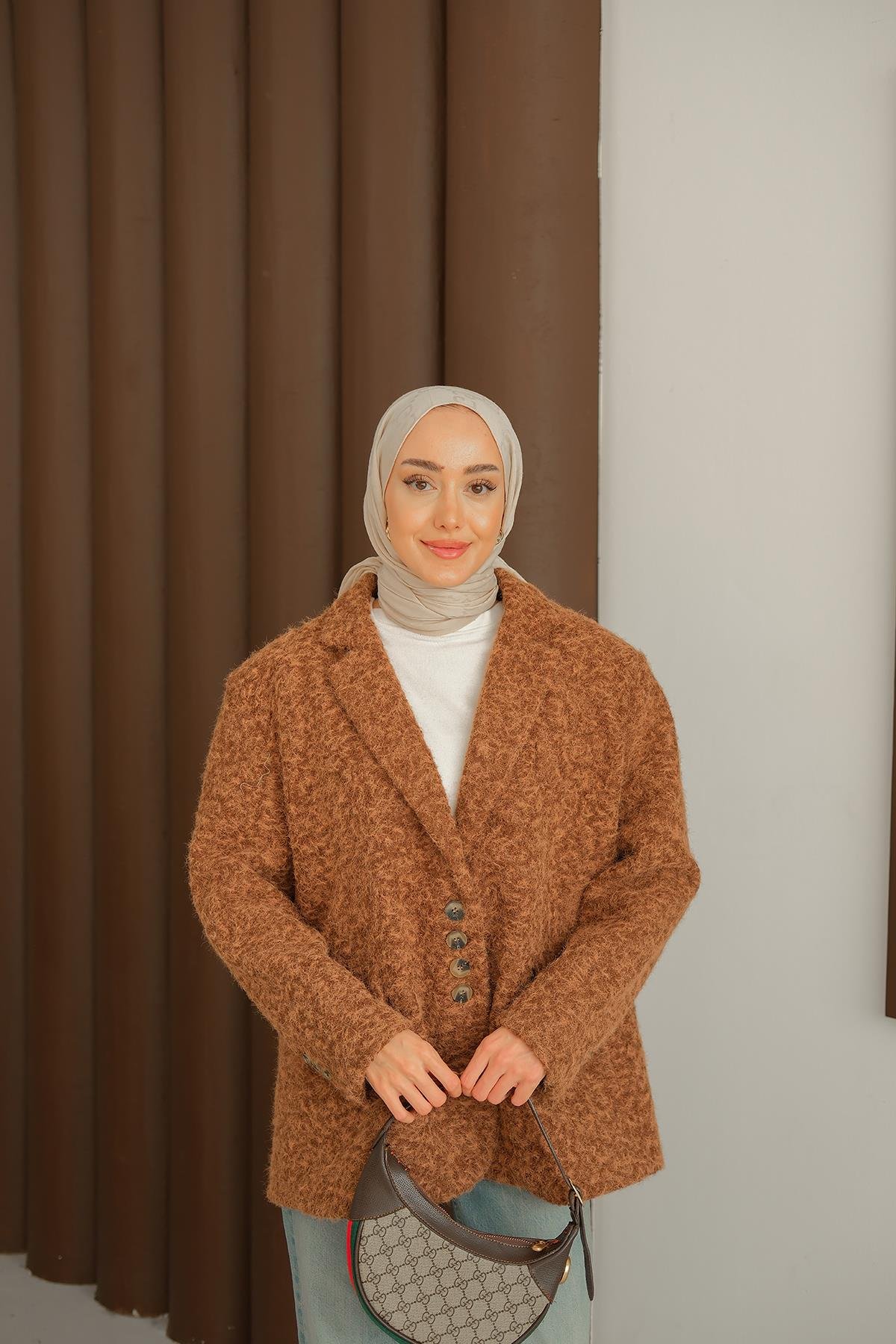 Düğme Detay Kırçıllı Ceket Kahverengi