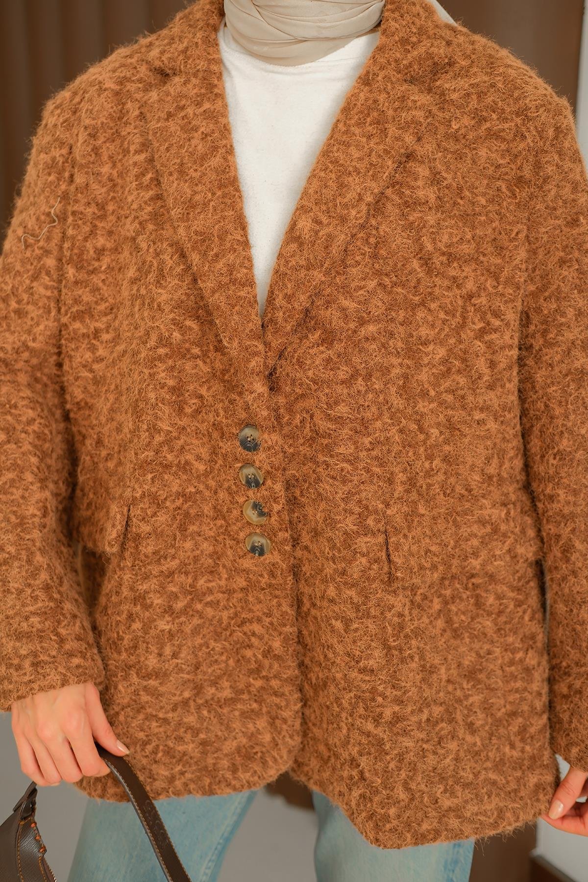 Düğme Detay Kırçıllı Ceket Kahverengi