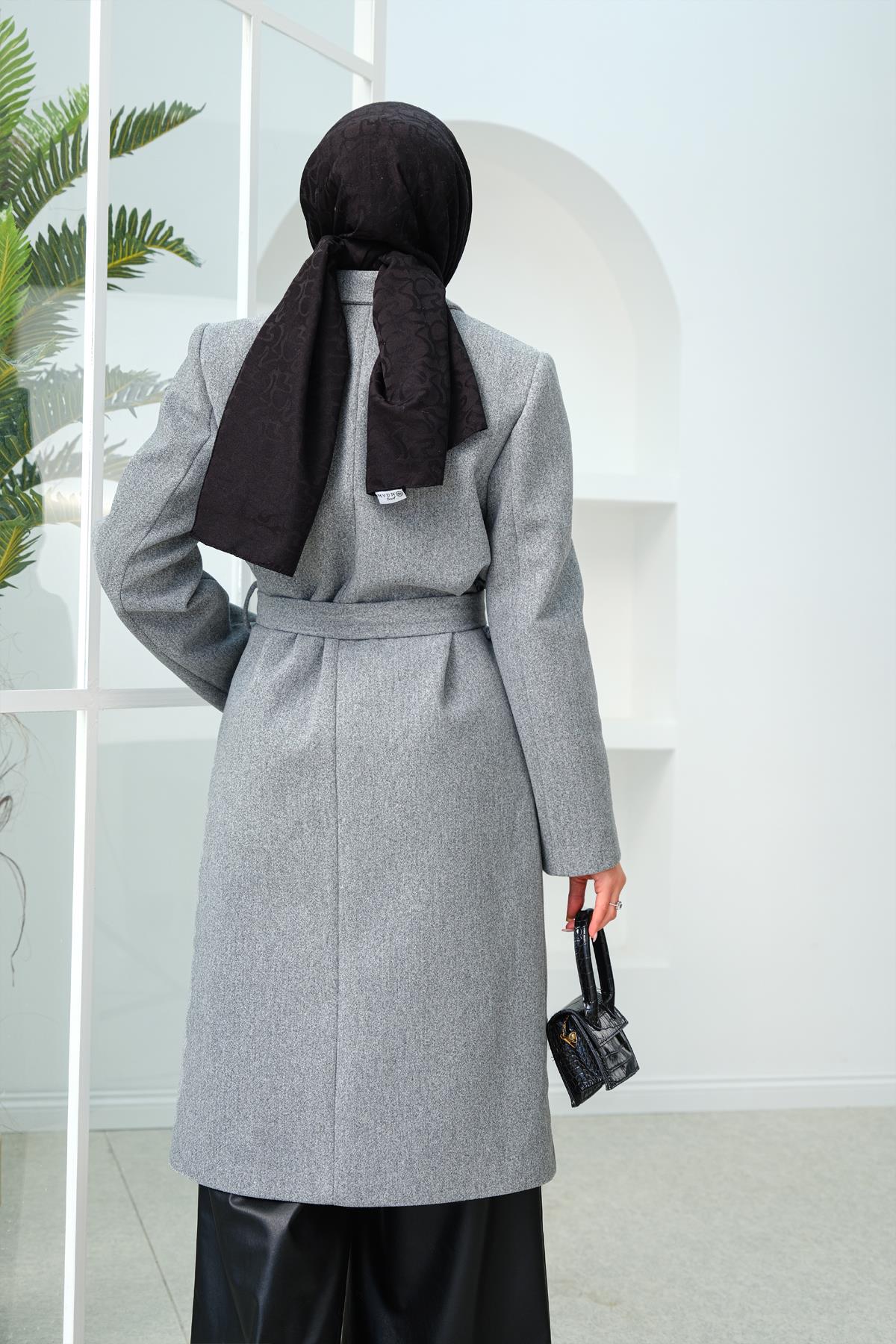 Düğme Detay Midi Boy Kaşe Kaban Gri