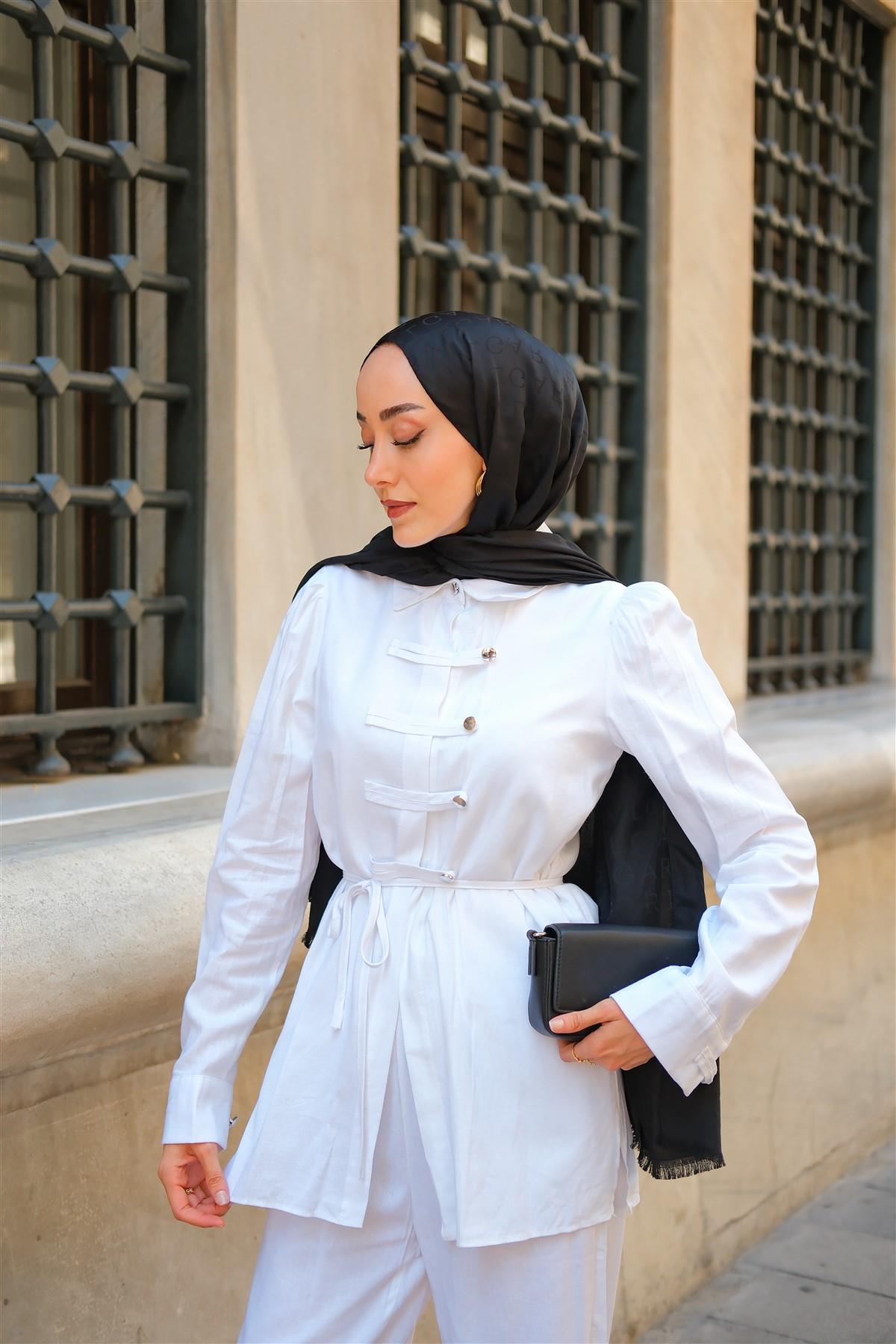 Düğme Detay Takım Beyaz