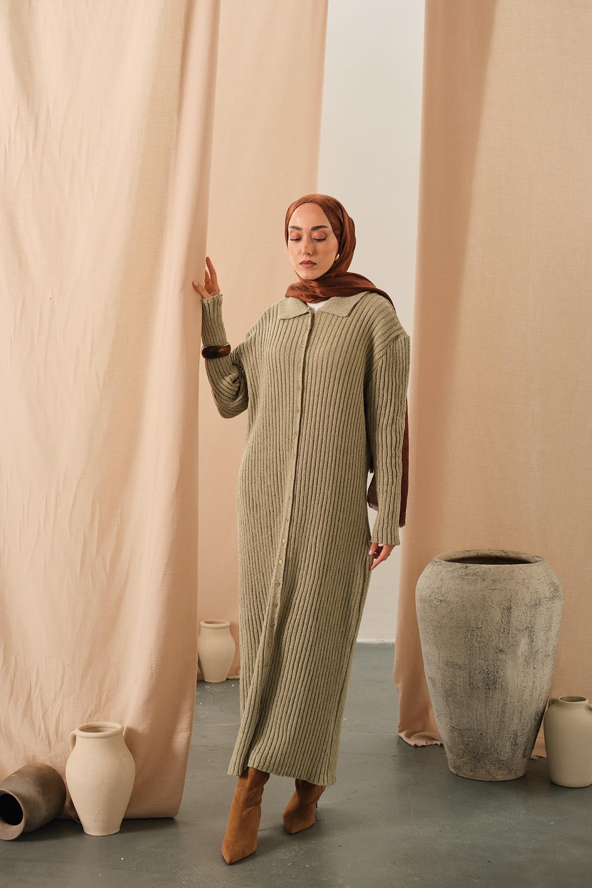 Düğme Detay Triko Elbise Açık Yeşil