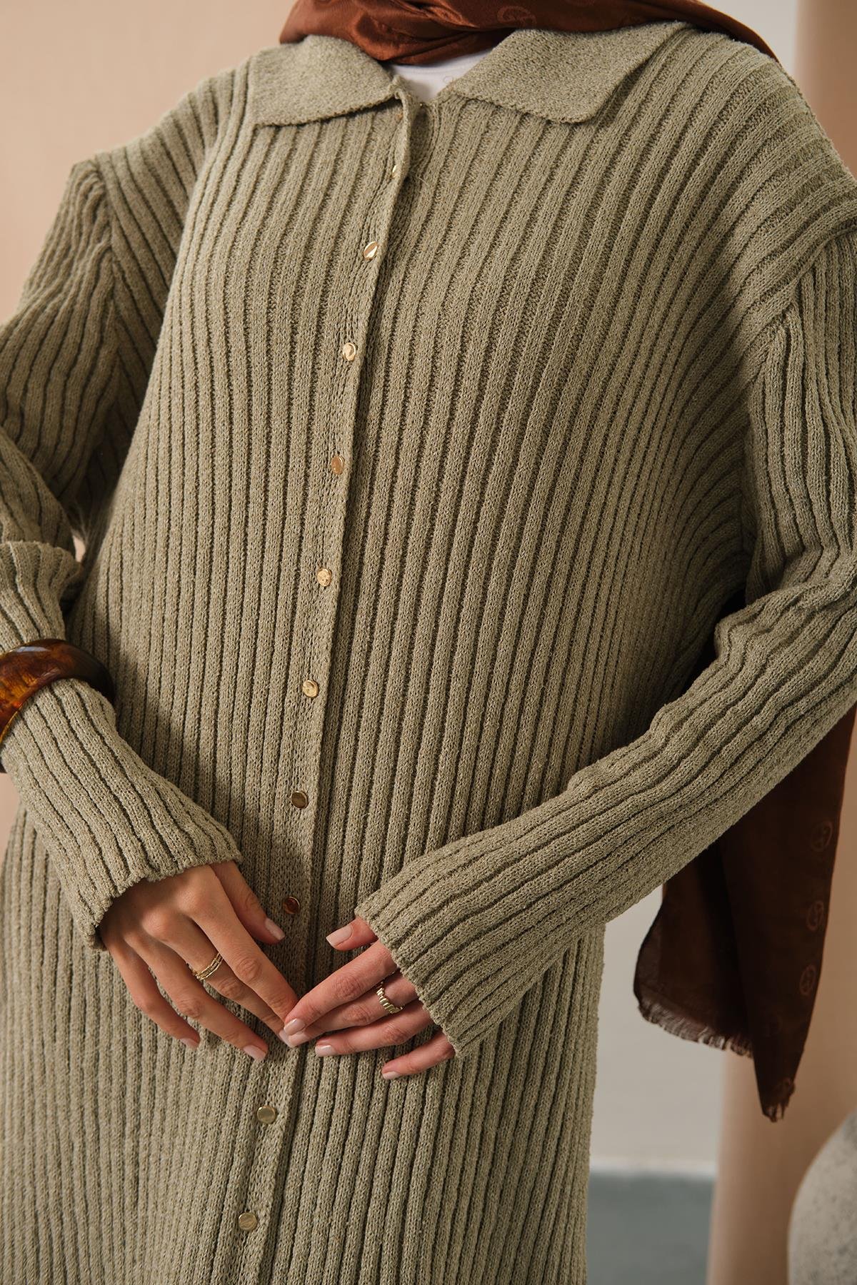 Düğme Detay Triko Elbise Açık Yeşil