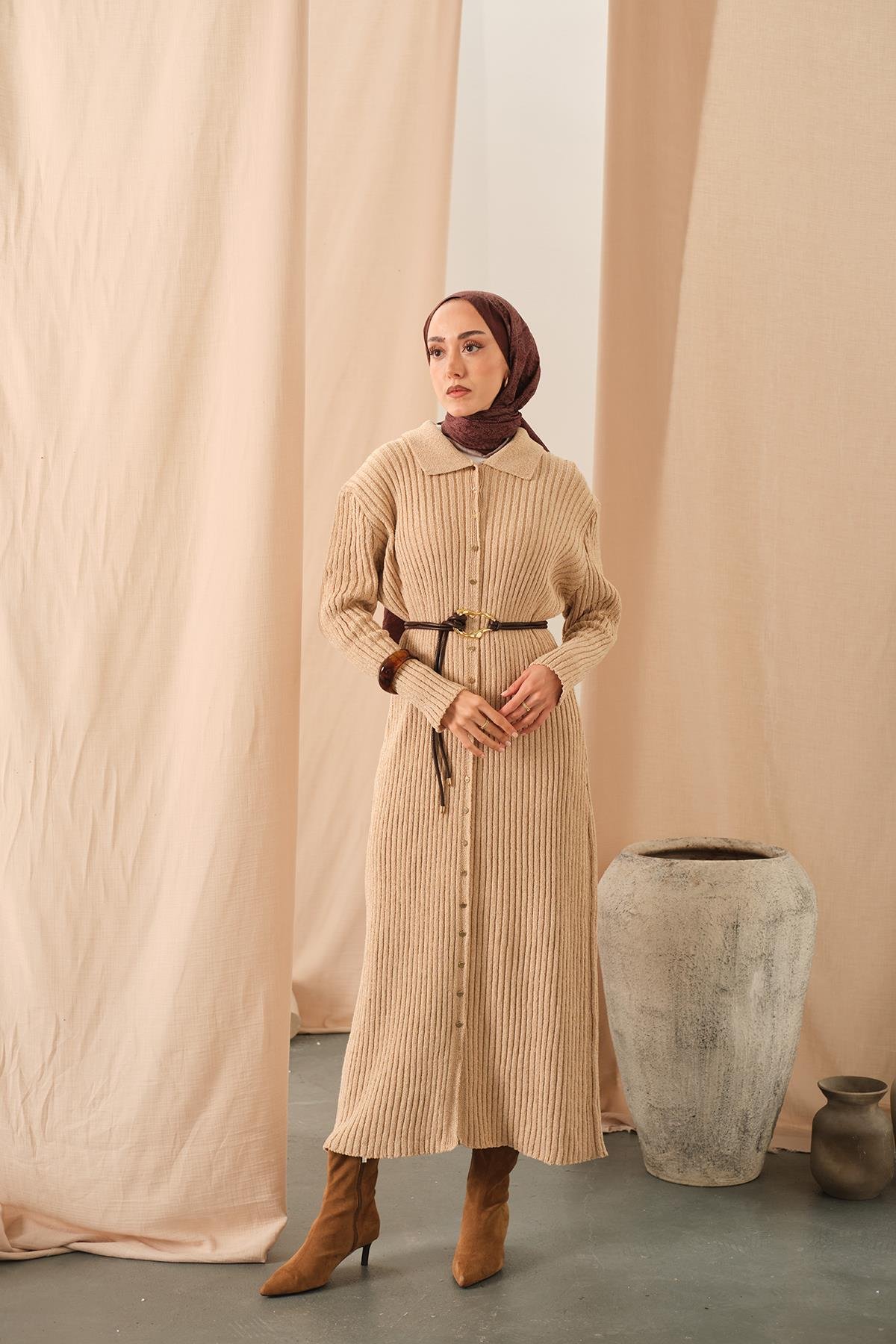 Düğme Detay Triko Elbise Bej