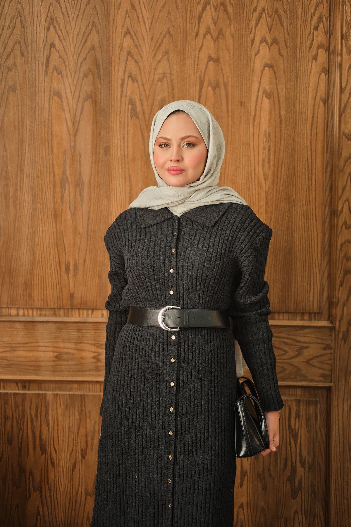 Düğme Detay Triko Elbise Füme