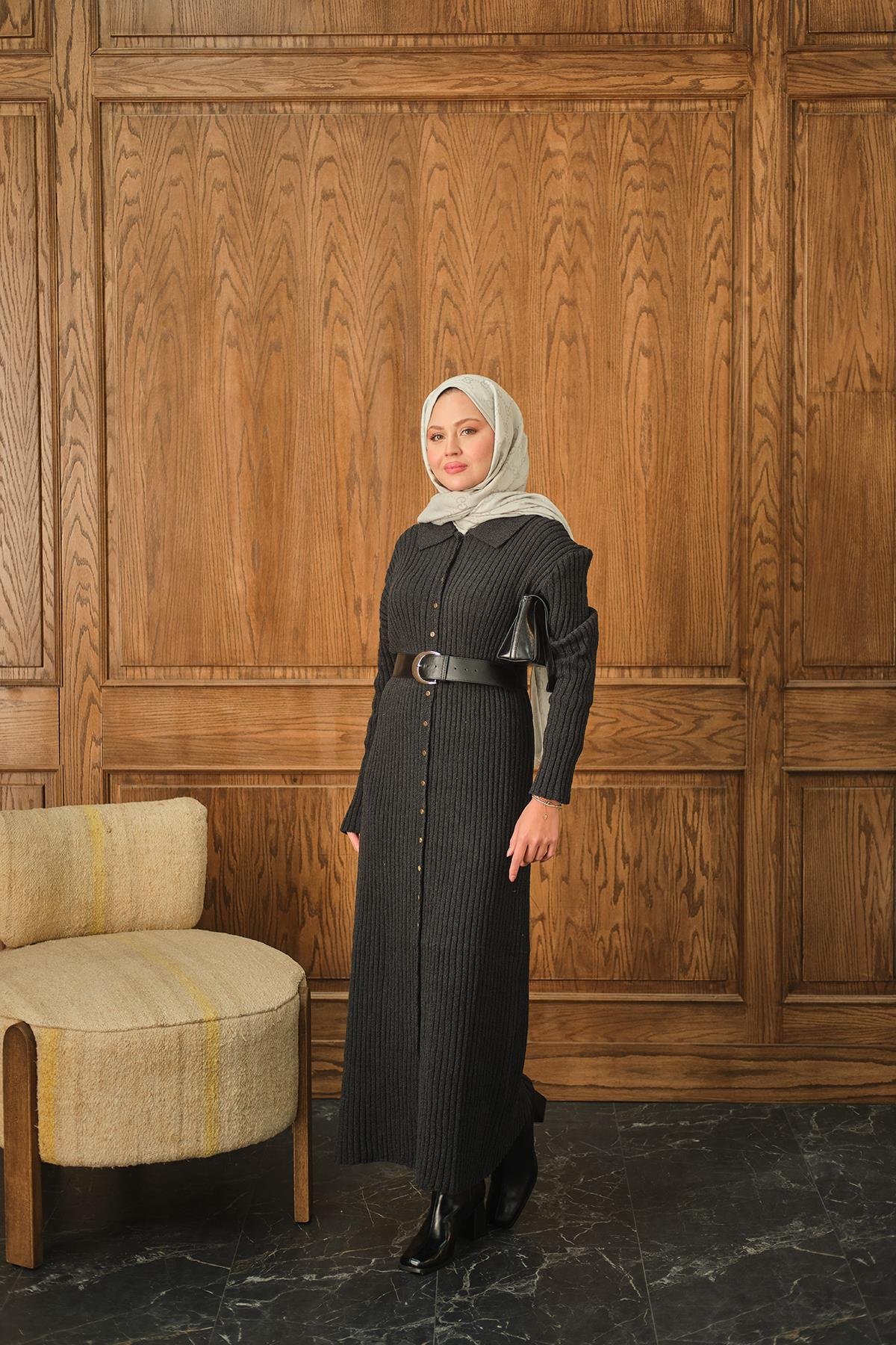 Düğme Detay Triko Elbise Füme