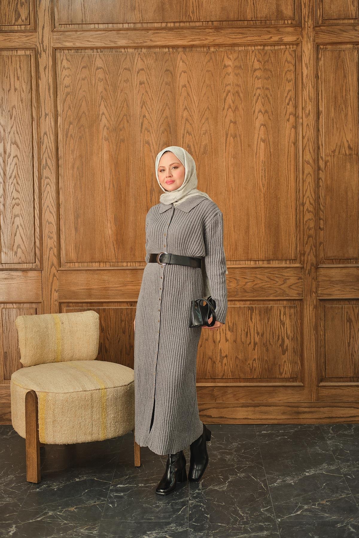 Düğme Detay Triko Elbise Gri