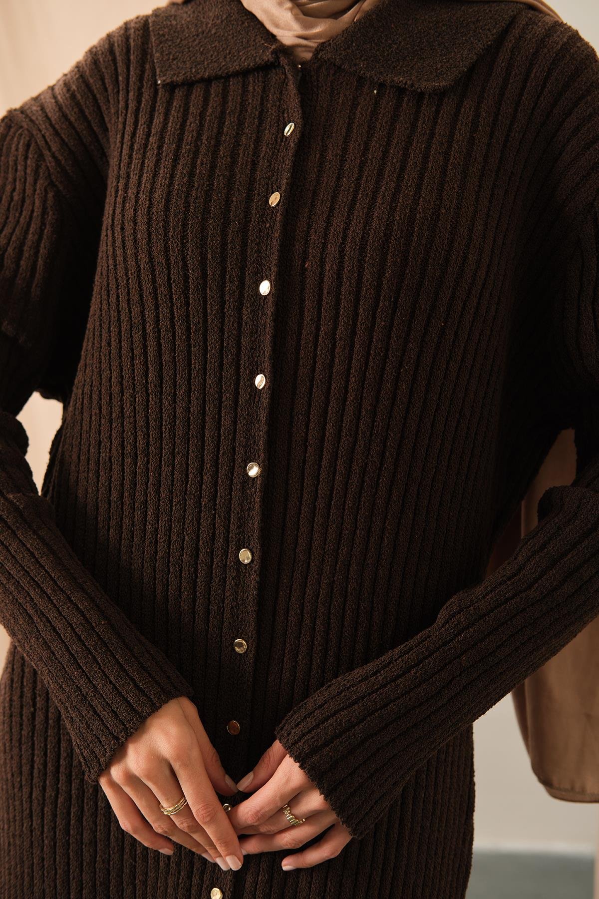 Düğme Detay Triko Elbise Kahverengi