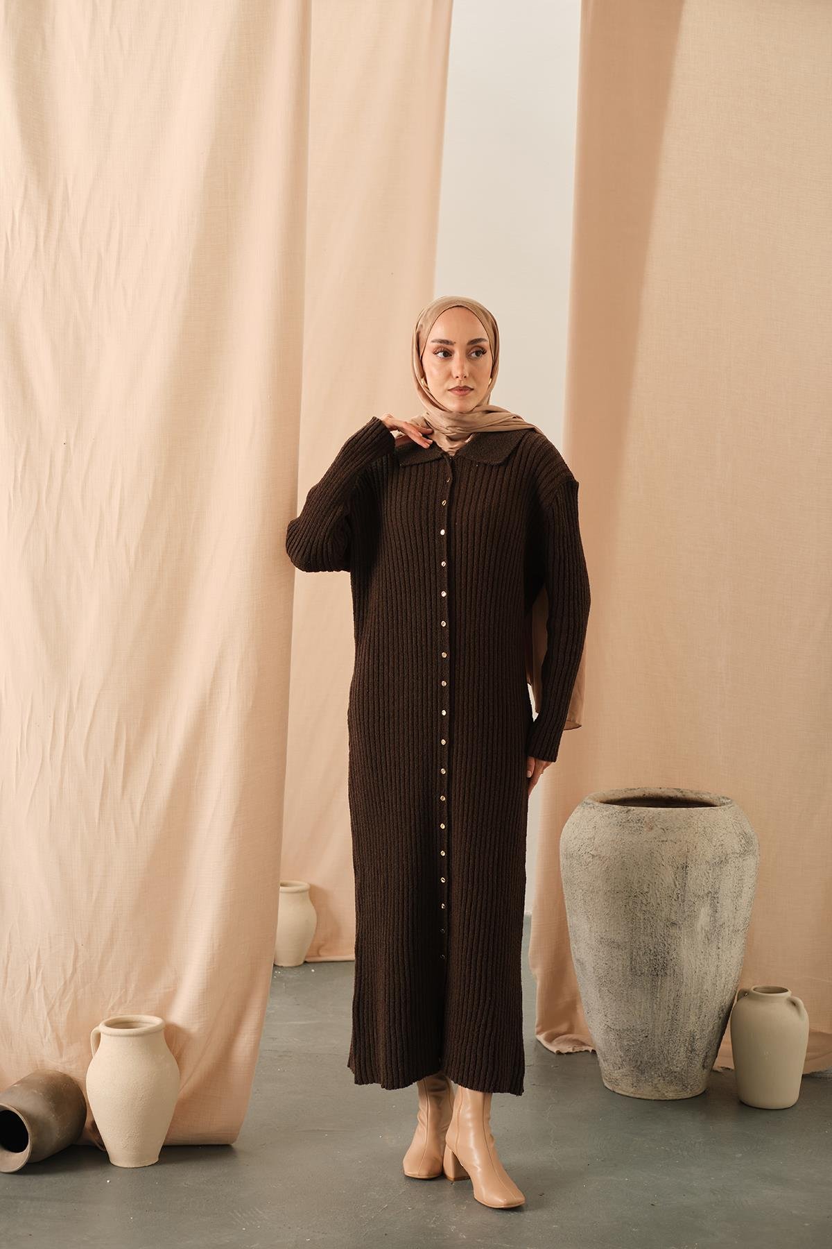 Düğme Detay Triko Elbise Kahverengi