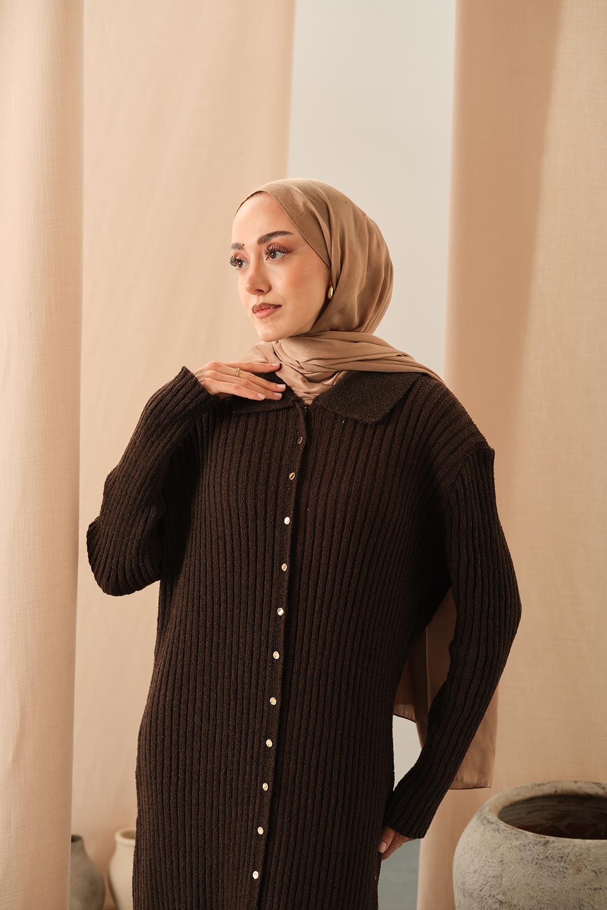 Düğme Detay Triko Elbise Kahverengi