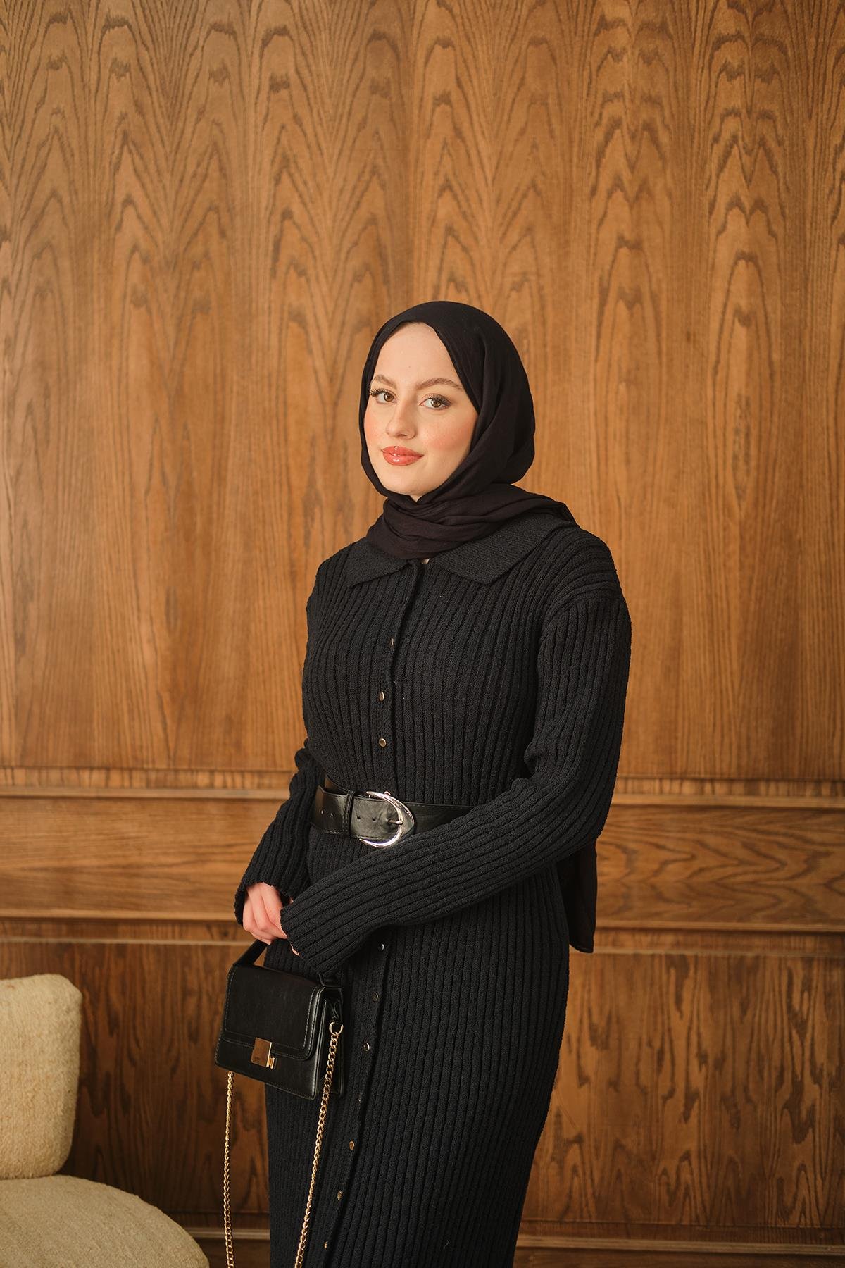 Düğme Detay Triko Elbise Lacivert