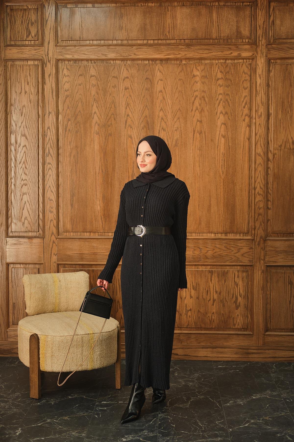 Düğme Detay Triko Elbise Lacivert