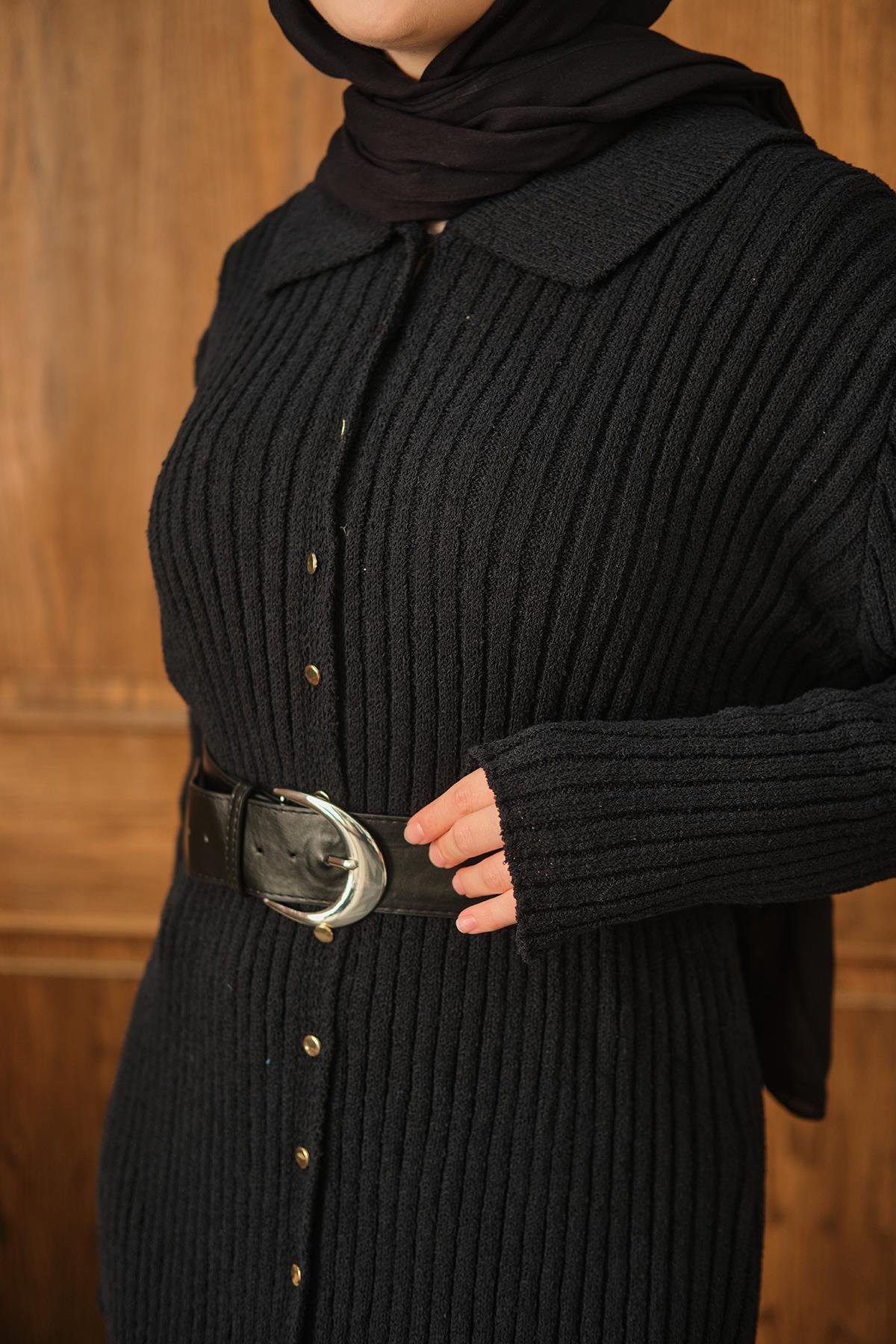 Düğme Detay Triko Elbise Lacivert