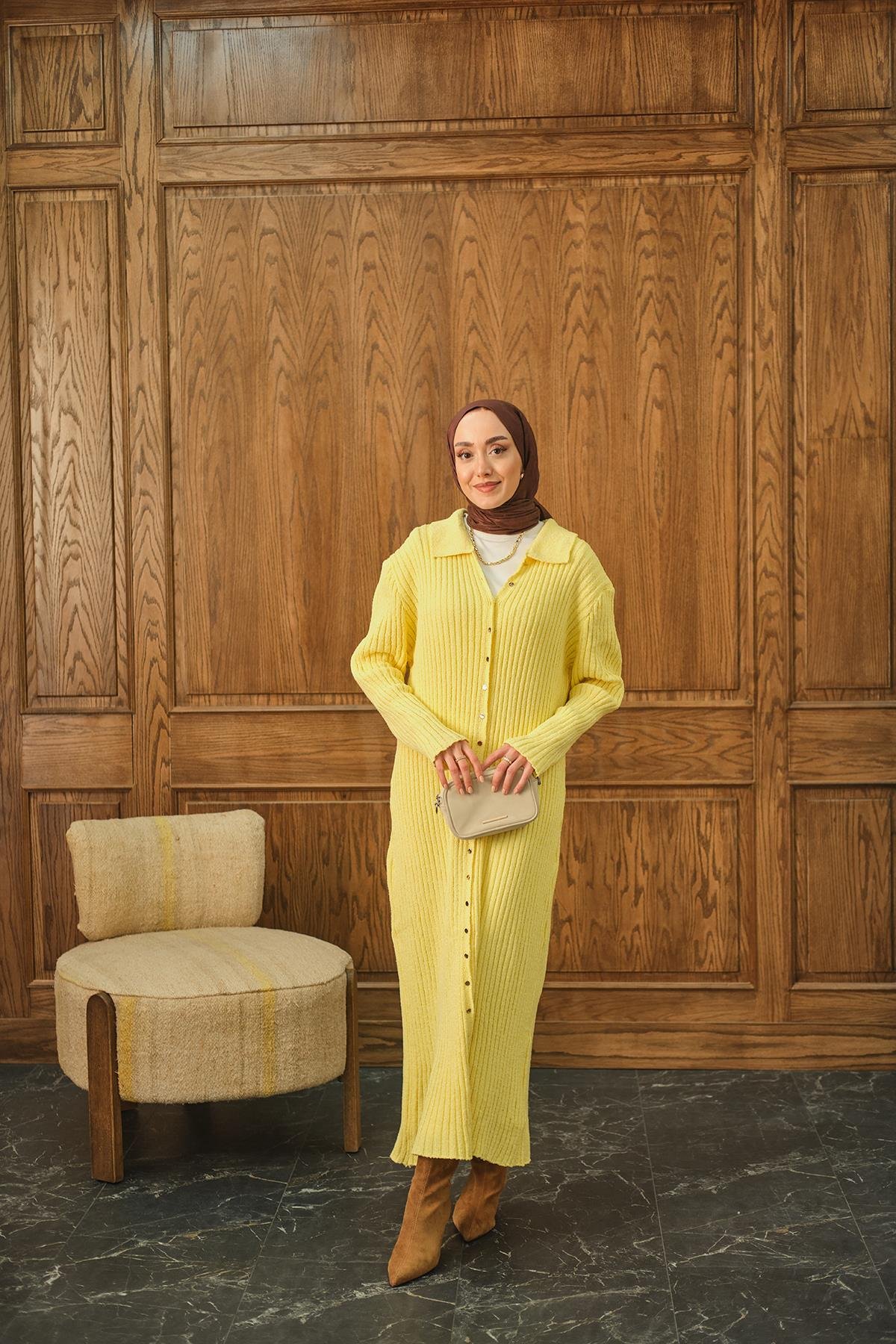 Düğme Detay Triko Elbise Sarı