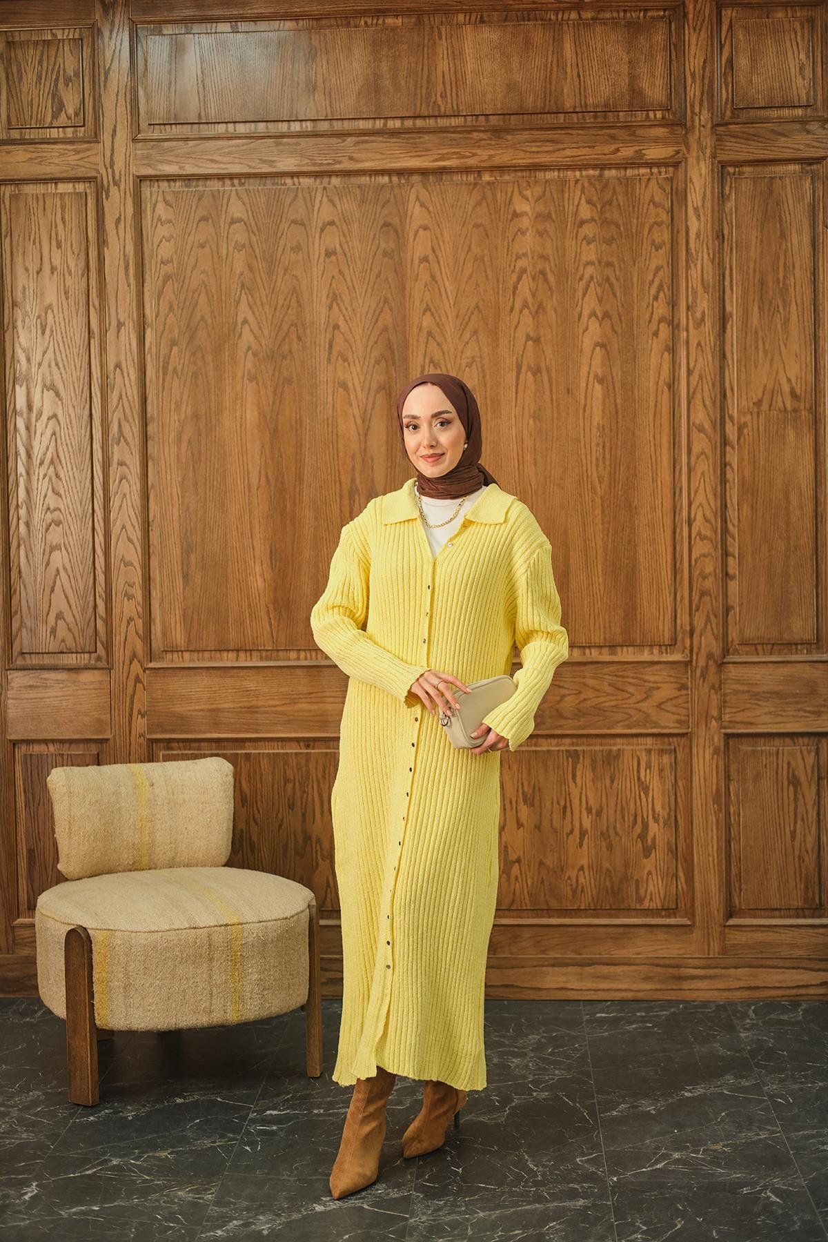 Düğme Detay Triko Elbise Sarı