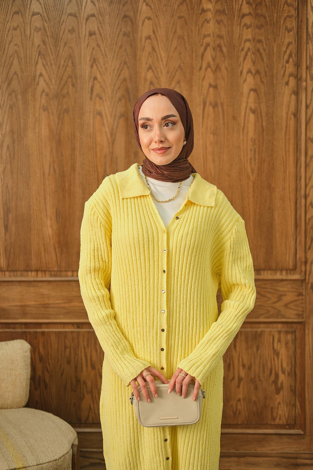 Düğme Detay Triko Elbise Sarı