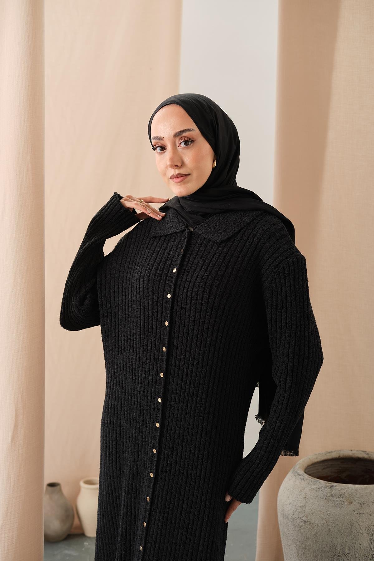 Düğme Detay Triko Elbise Siyah