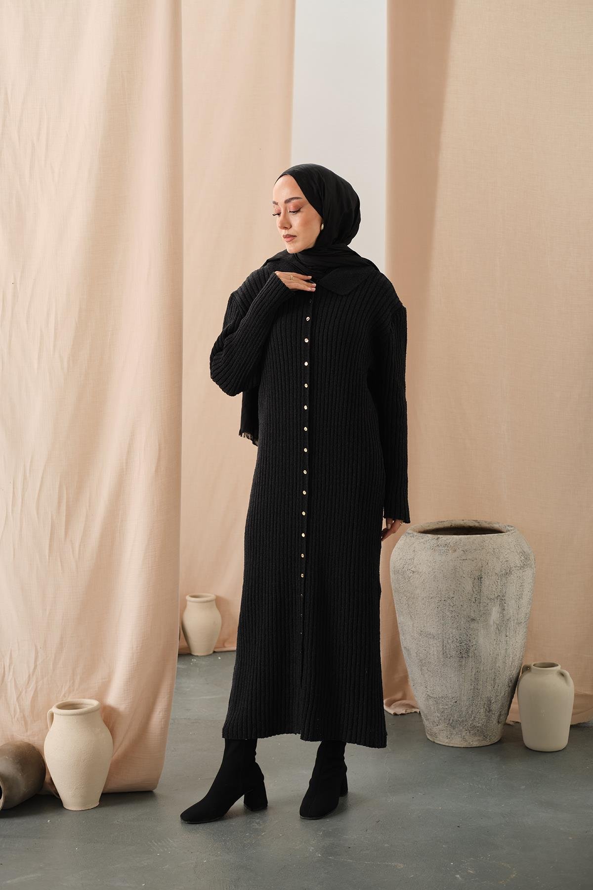 Düğme Detay Triko Elbise Siyah