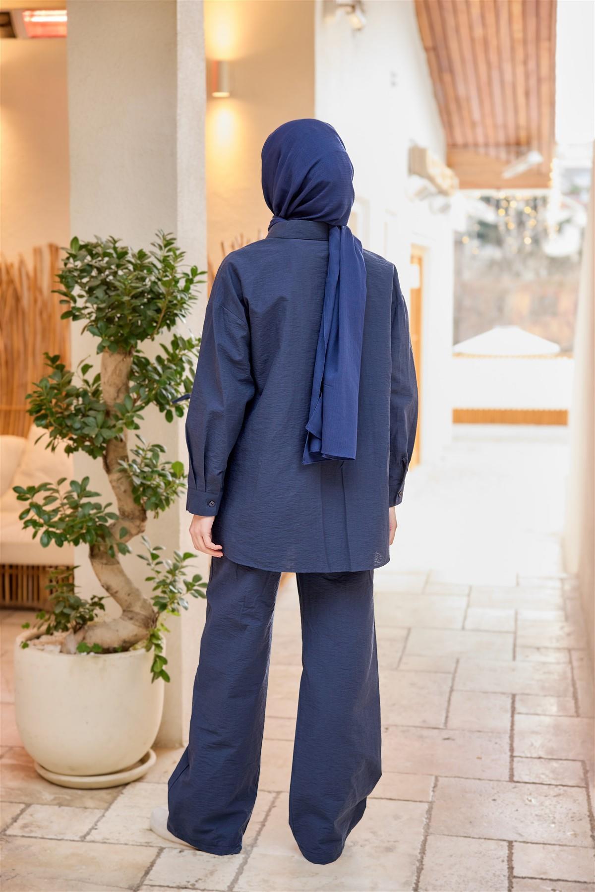 Düğme Detay Yan Bağlamalı Keten Takım Lacivert