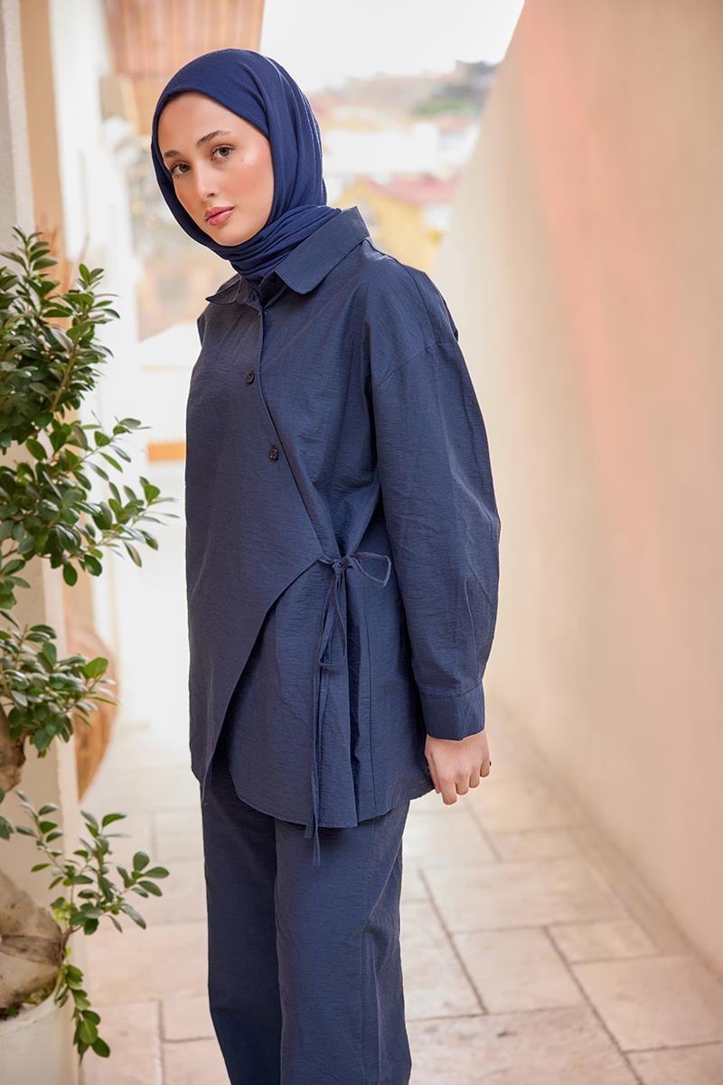 Düğme Detay Yan Bağlamalı Keten Takım Lacivert