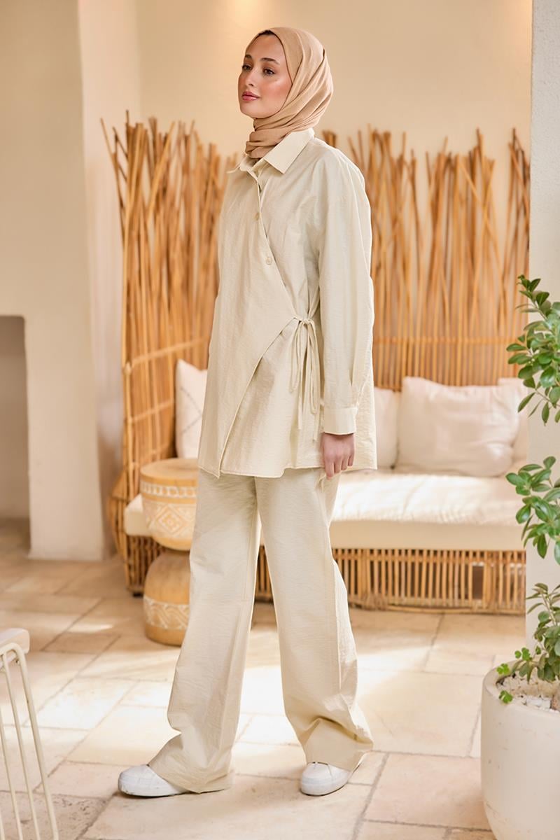 Düğme Detay Yan Bağlamalı Keten Takım Bej