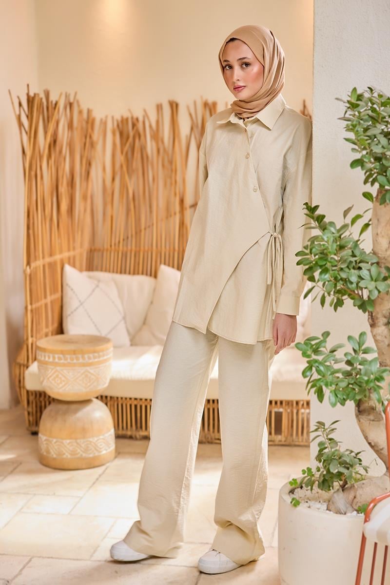 Düğme Detay Yan Bağlamalı Keten Takım Bej