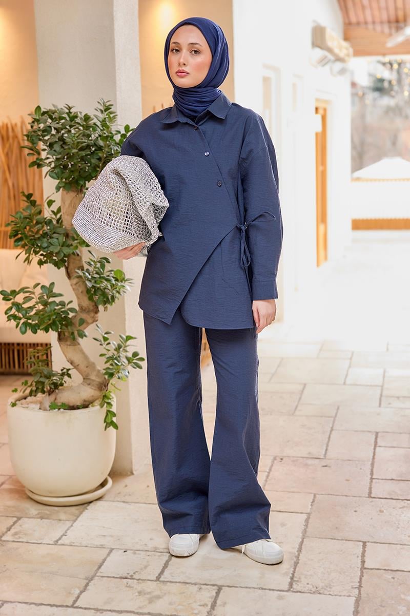 Düğme Detay Yan Bağlamalı Keten Takım Lacivert