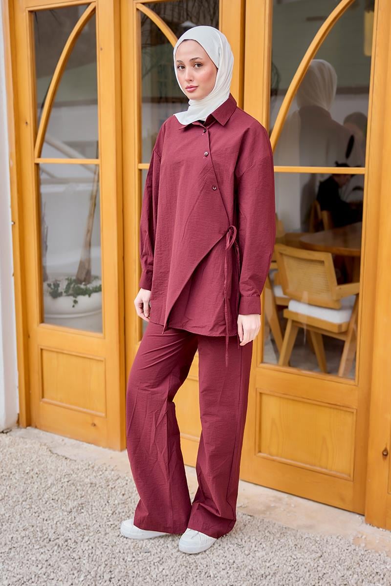 Düğme Detay Yan Bağlamalı Keten Takım Bordo