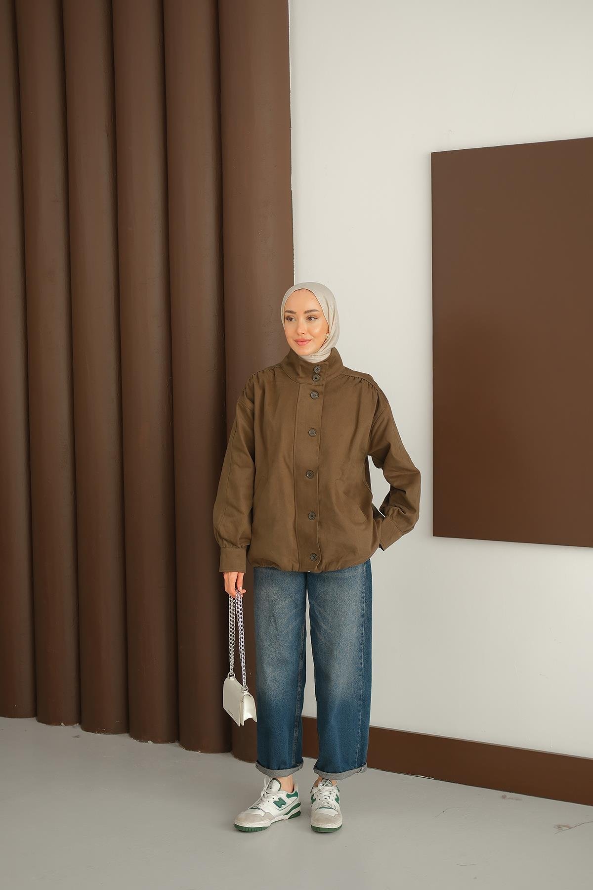 Düğme Detaylı Ceket Haki Yeşil