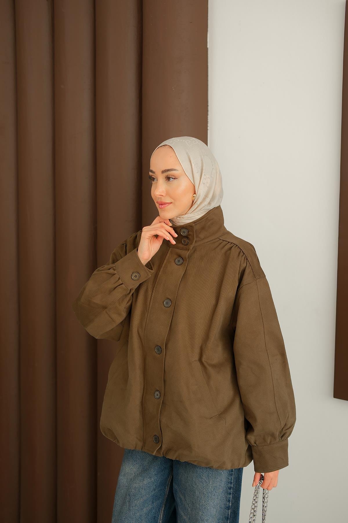 Düğme Detaylı Ceket Haki Yeşil