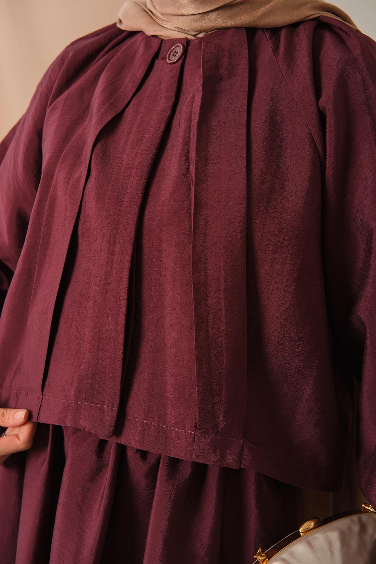 Düğme Detaylı Cupra Elbise Bordo