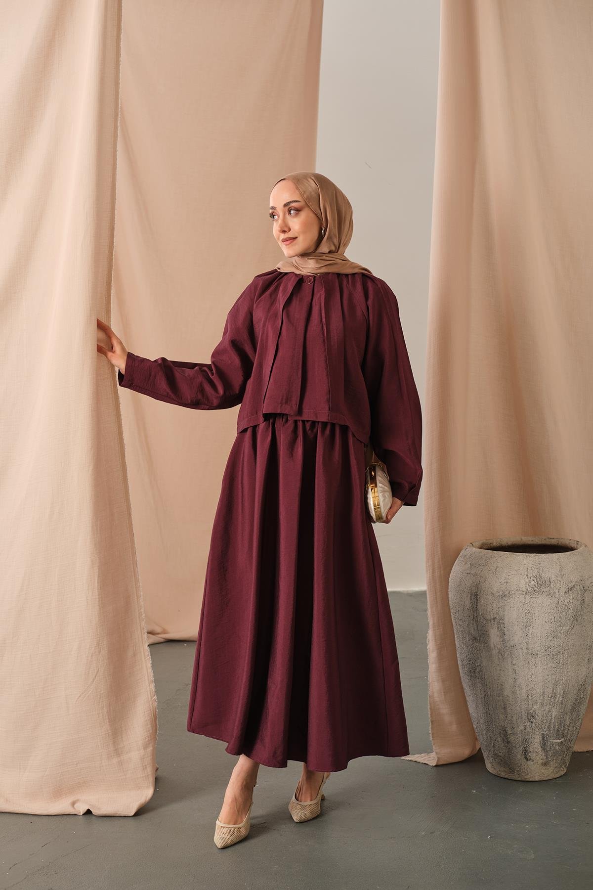 Düğme Detaylı Cupra Elbise Bordo