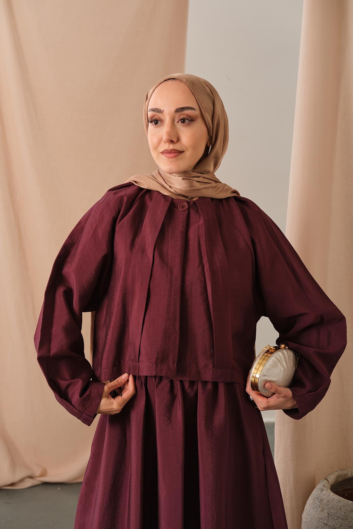 Düğme Detaylı Cupra Elbise Bordo