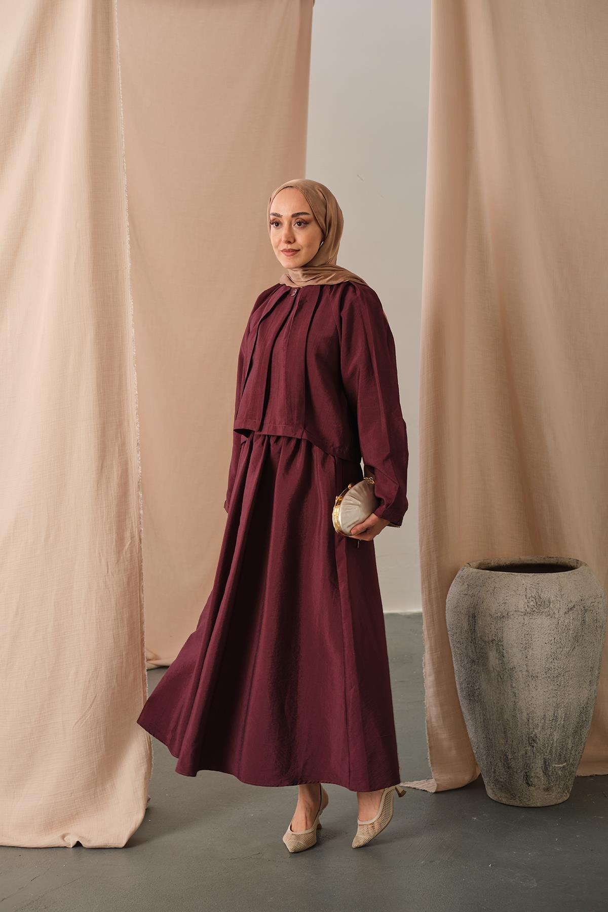 Düğme Detaylı Cupra Elbise Bordo