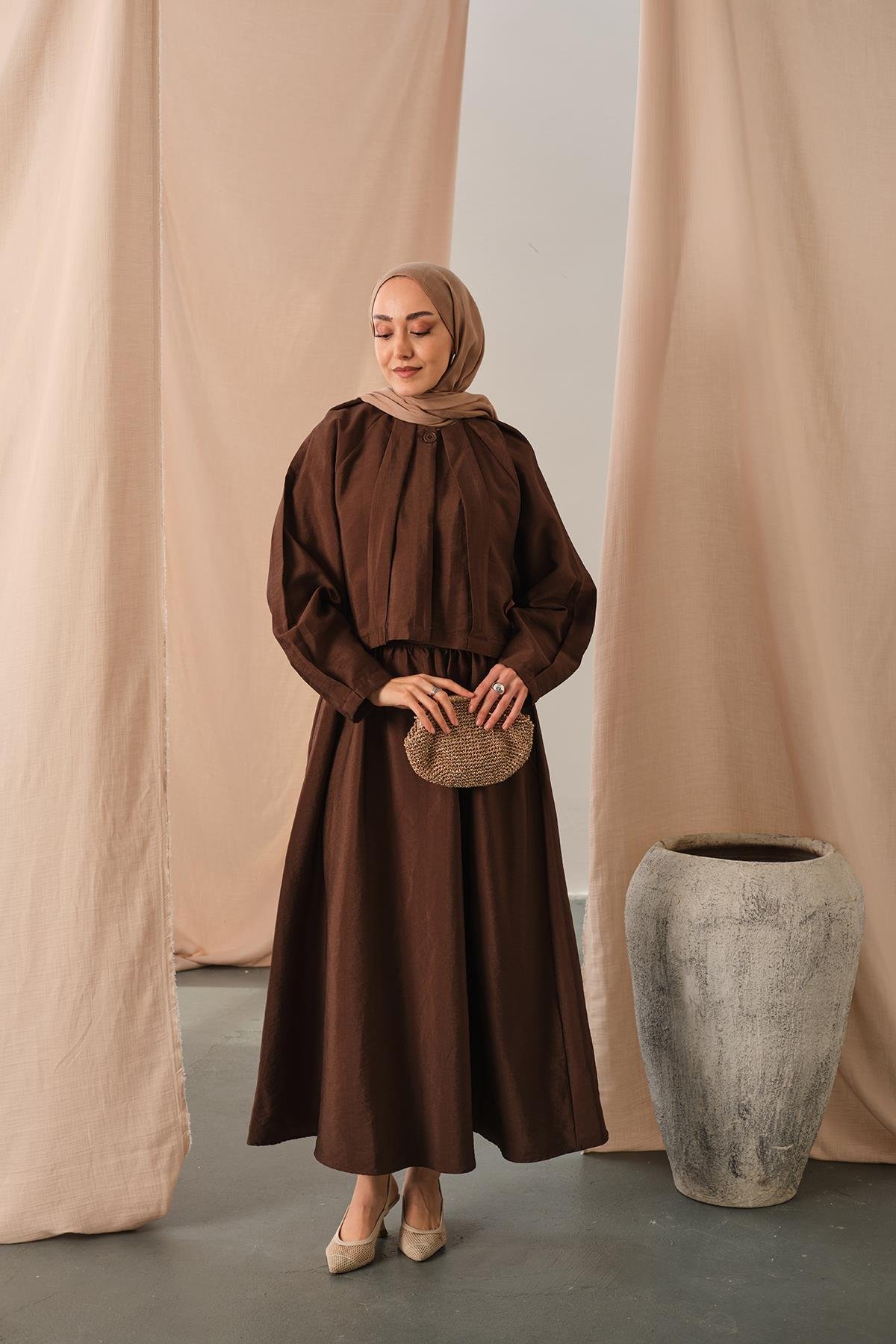 Düğme Detaylı Cupra Elbise Kahverengi