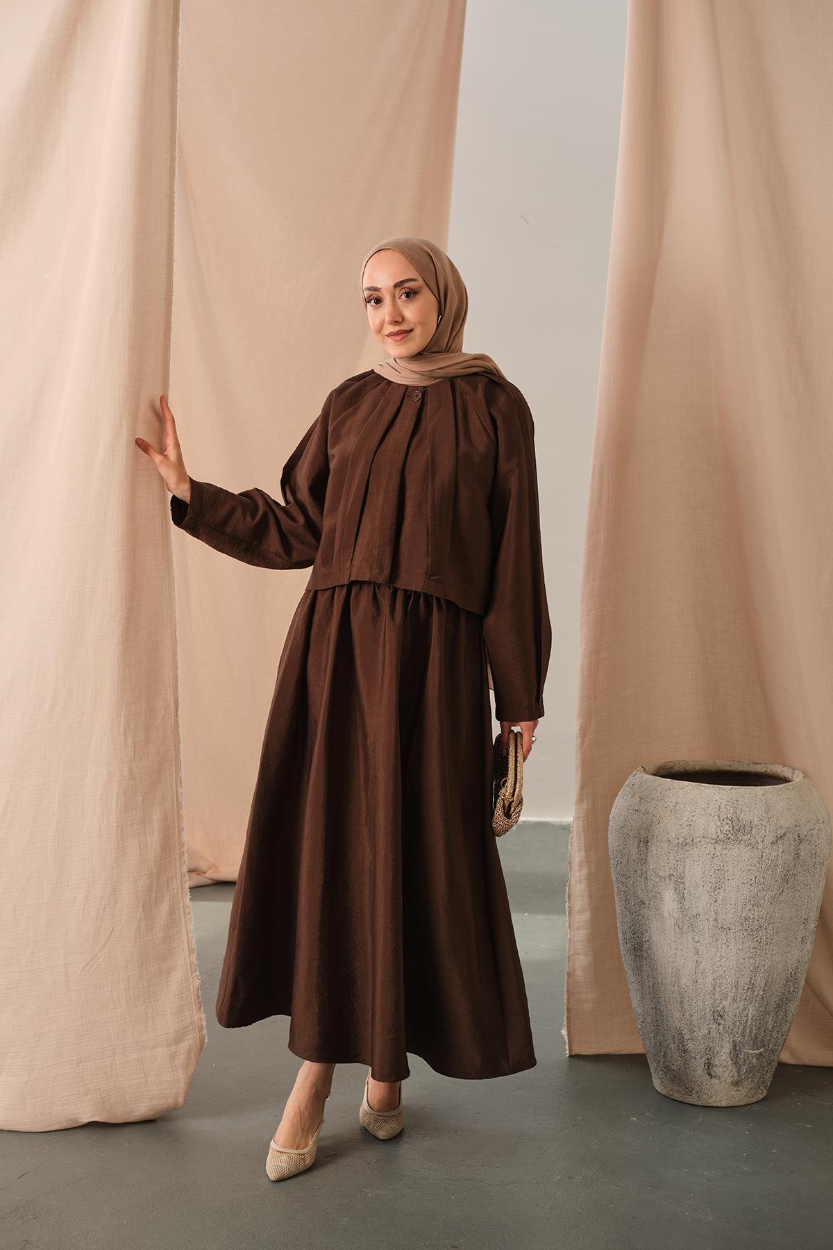 Düğme Detaylı Cupra Elbise Kahverengi