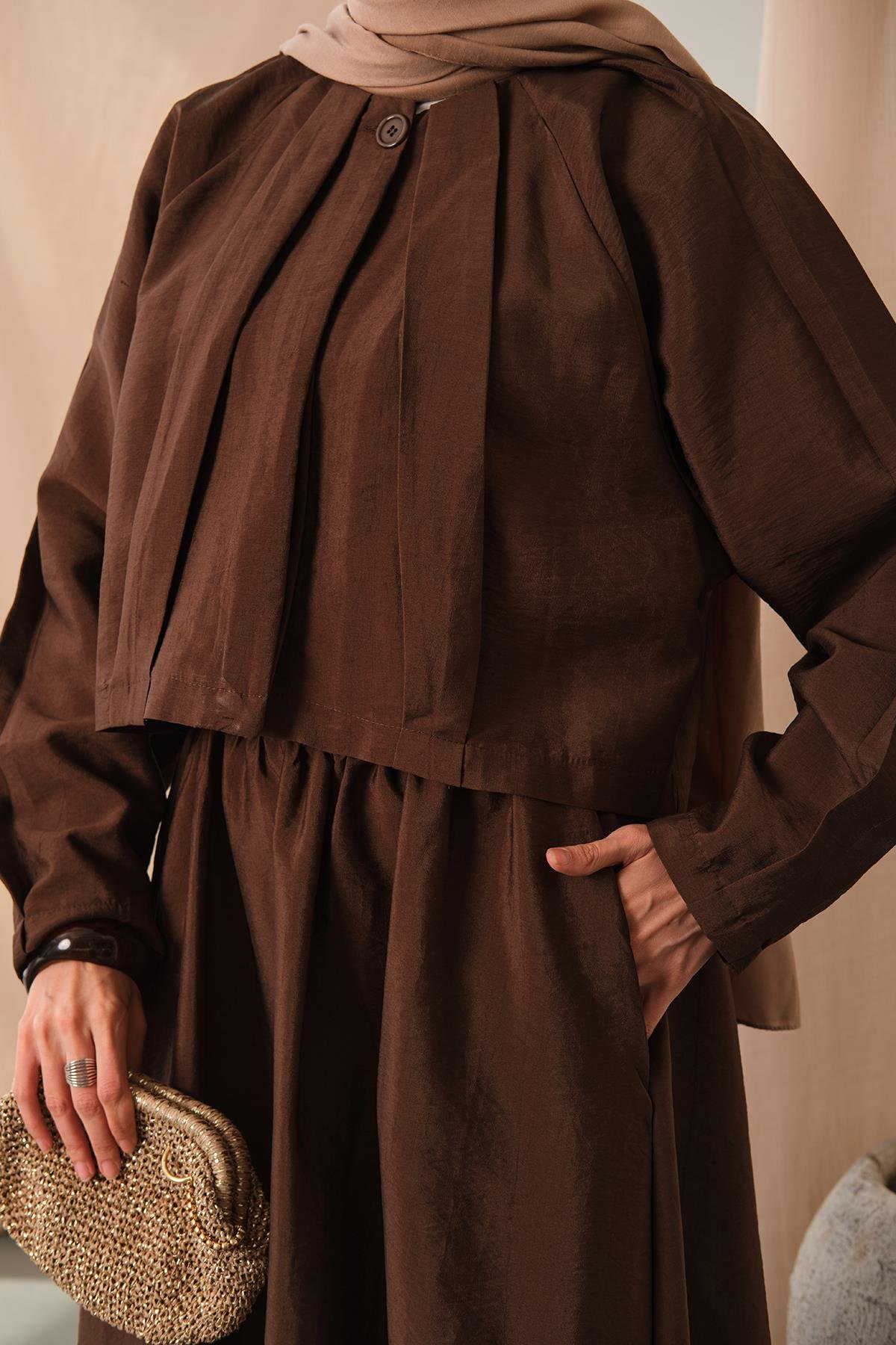 Düğme Detaylı Cupra Elbise Kahverengi