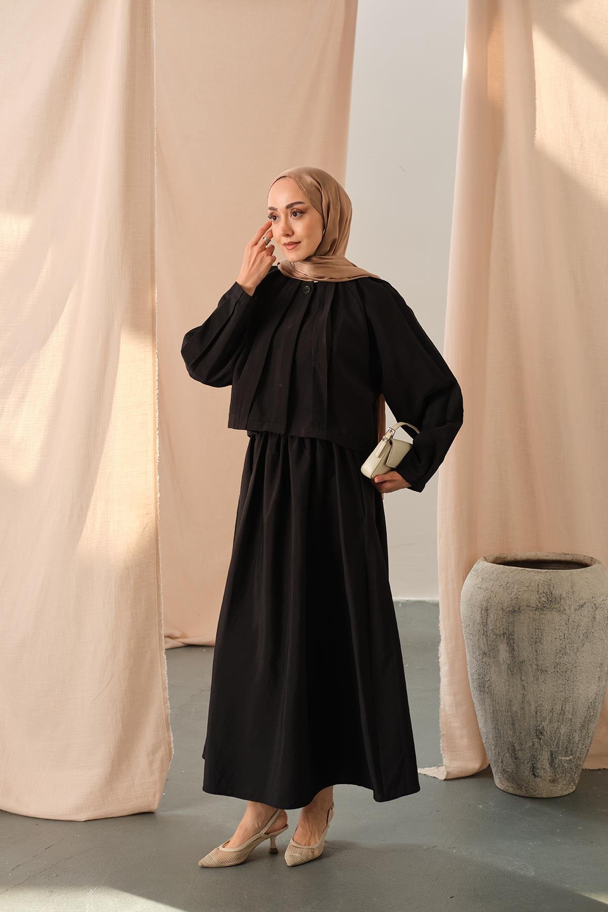 Düğme Detaylı Cupra Elbise Siyah