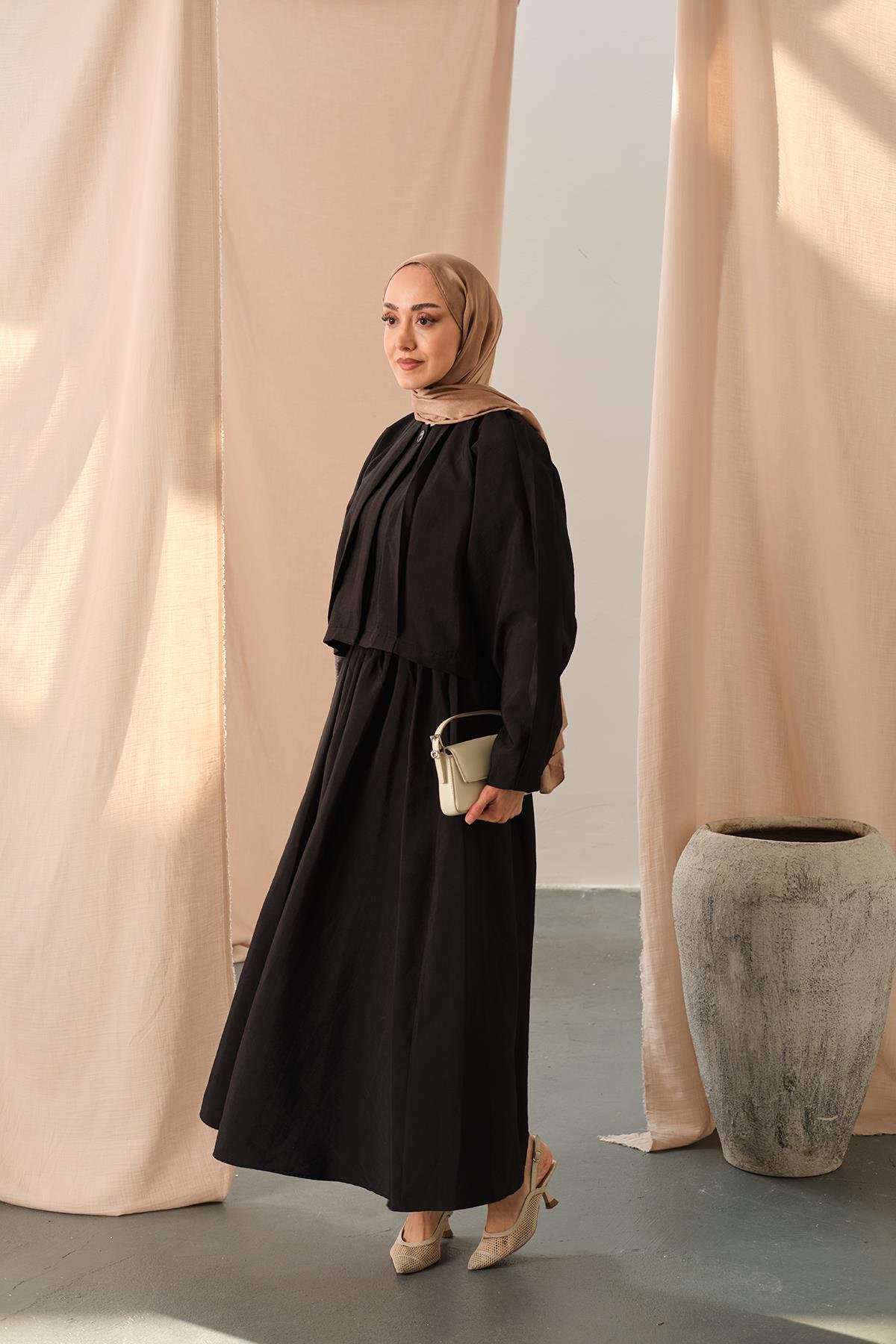 Düğme Detaylı Cupra Elbise Siyah