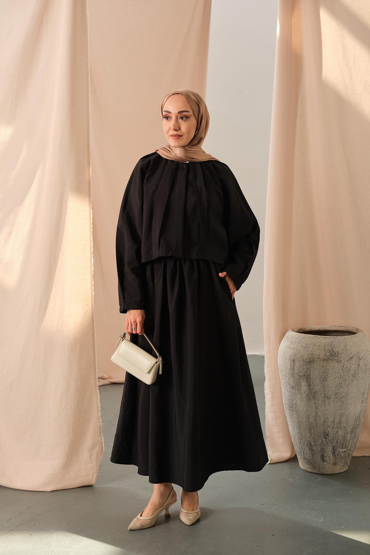 Düğme Detaylı Cupra Elbise Siyah